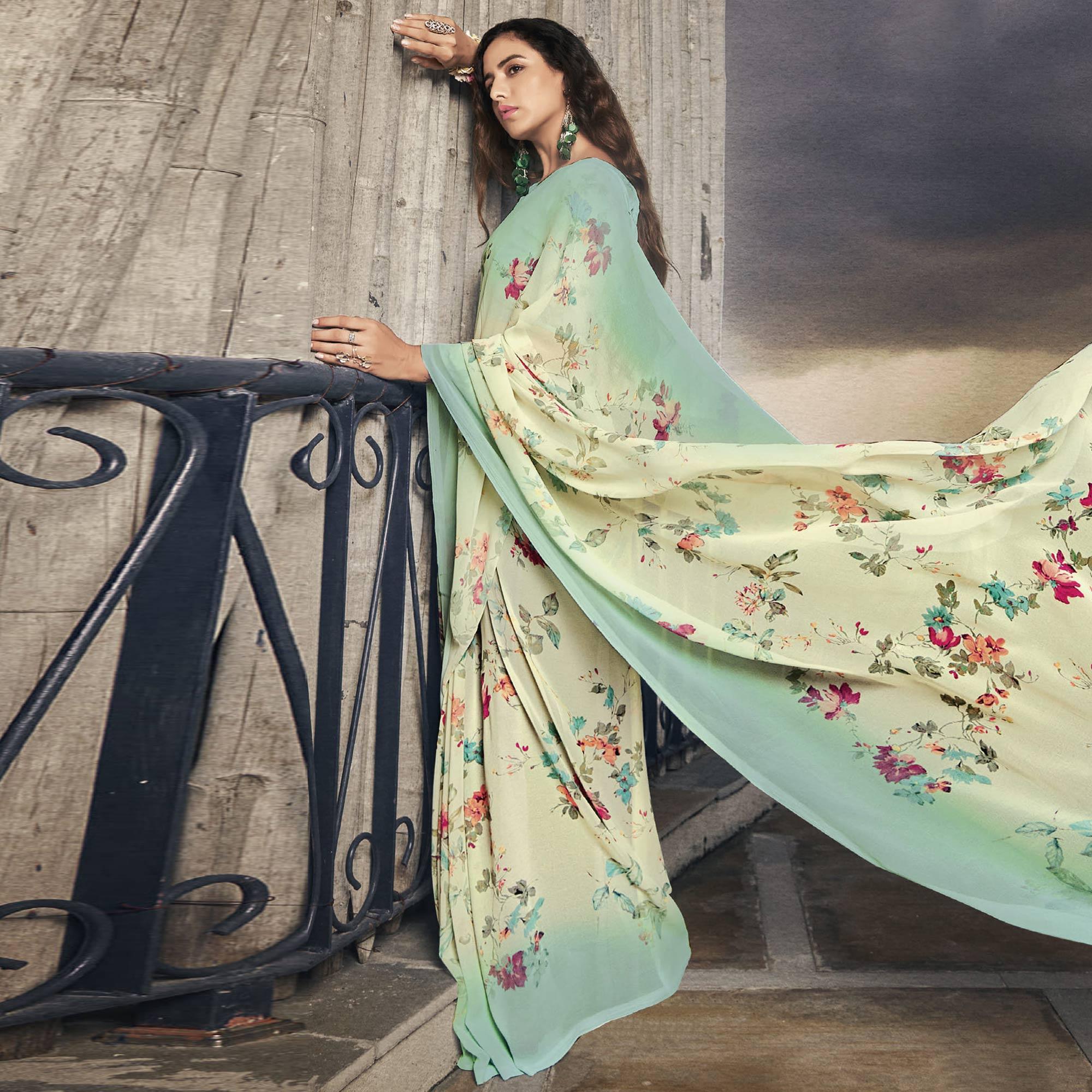 Peachmode Cream Casual Wear Floral Printed Georgette Saree