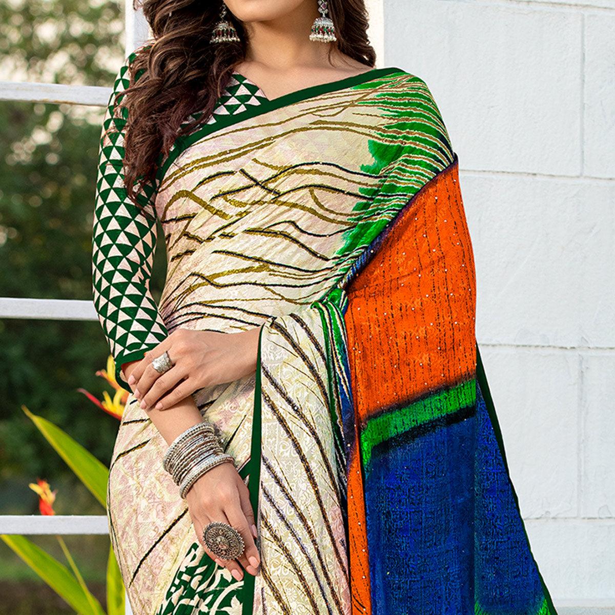 Peachmode Flaunt Green-Cream Colored Party Wear Printed Silk Half-Half Saree - view 2