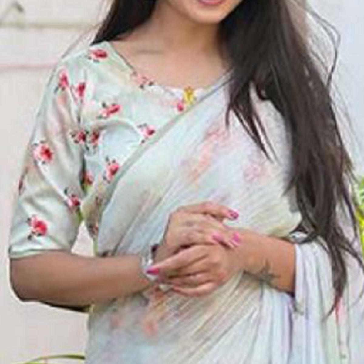 Peachmode Light Blue Party Wear Digital Printed Georgette Saree - view 2