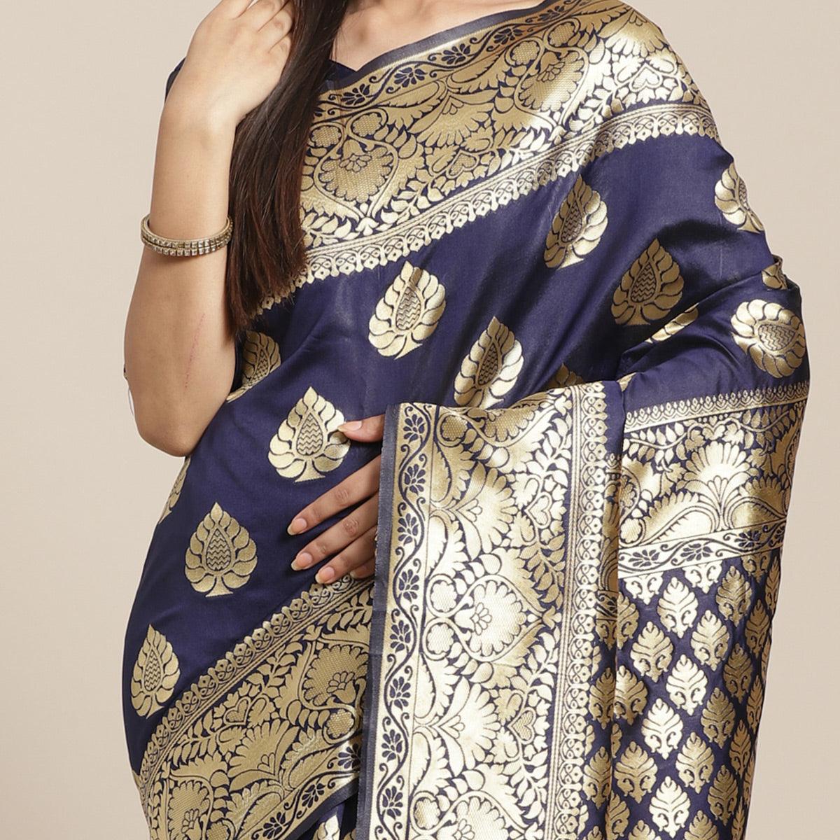 Peachmode Desirable Navy Blue Colored Festive Wear Woven Silk Blend Saree - view 5