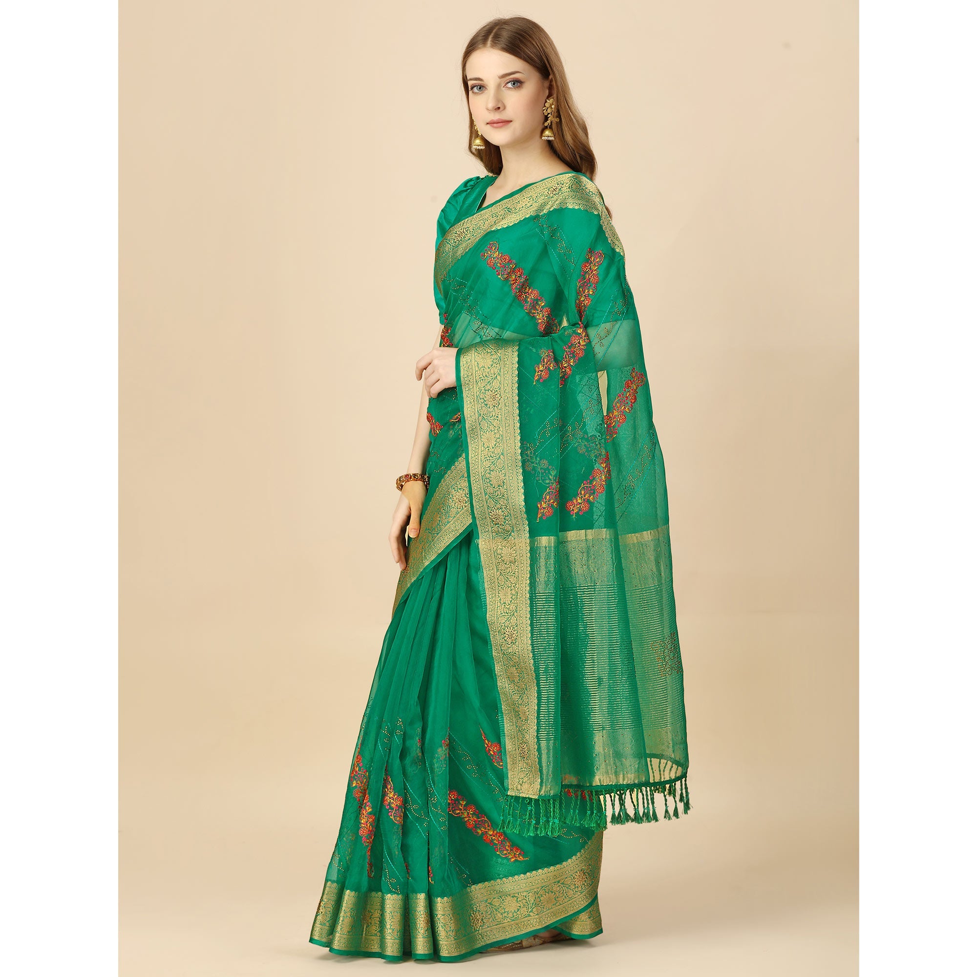 BlackTree green-floral-embroidery-with-swarovski-work-organza-saree - view 4