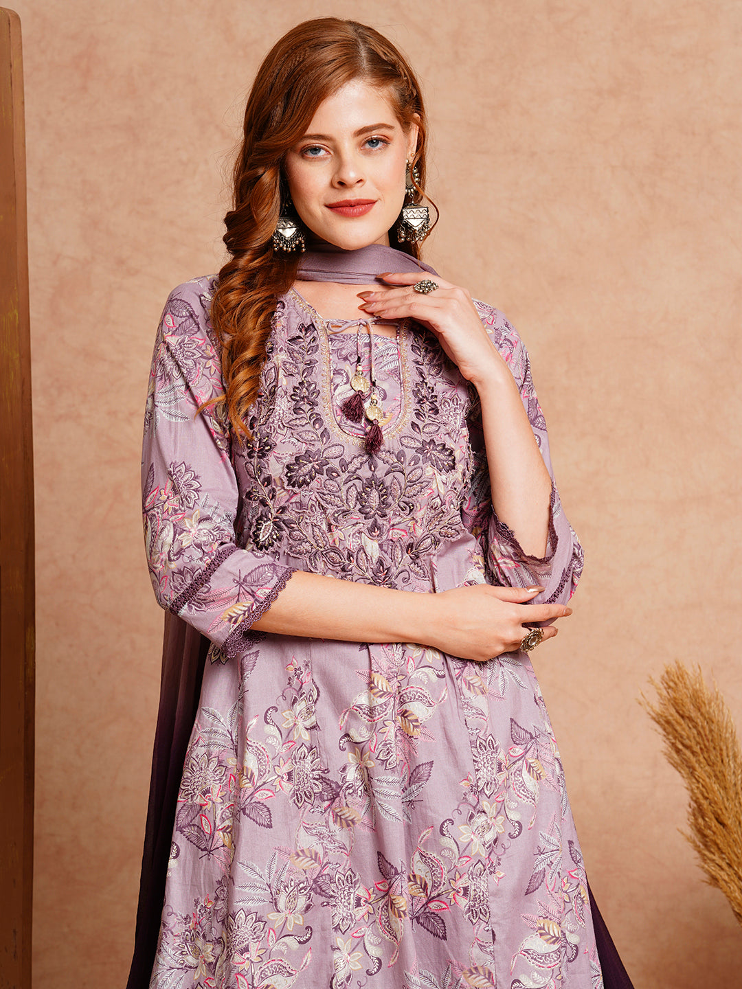 FASHOR Floral Printed & Hand Embroidered Anarkali with Palazzo & Dupatta - Lavender - view 2