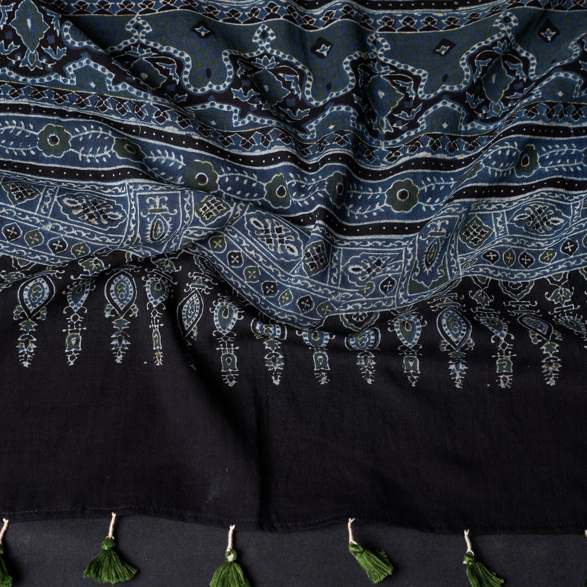 AJRAKH BY JABBAR KHATRI Blue - Ajrakh Block Printed Mul Cotton Stole with Tassels - view 2