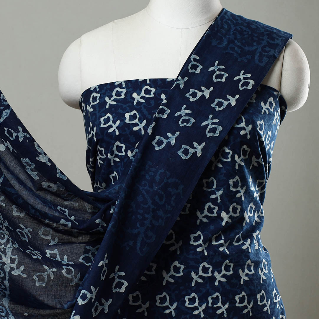 ARTISAN HAND BLOCK PRINTS Blue - 3pc Cotton Indigo Bagru Print Dress Material Set 13 - view 3