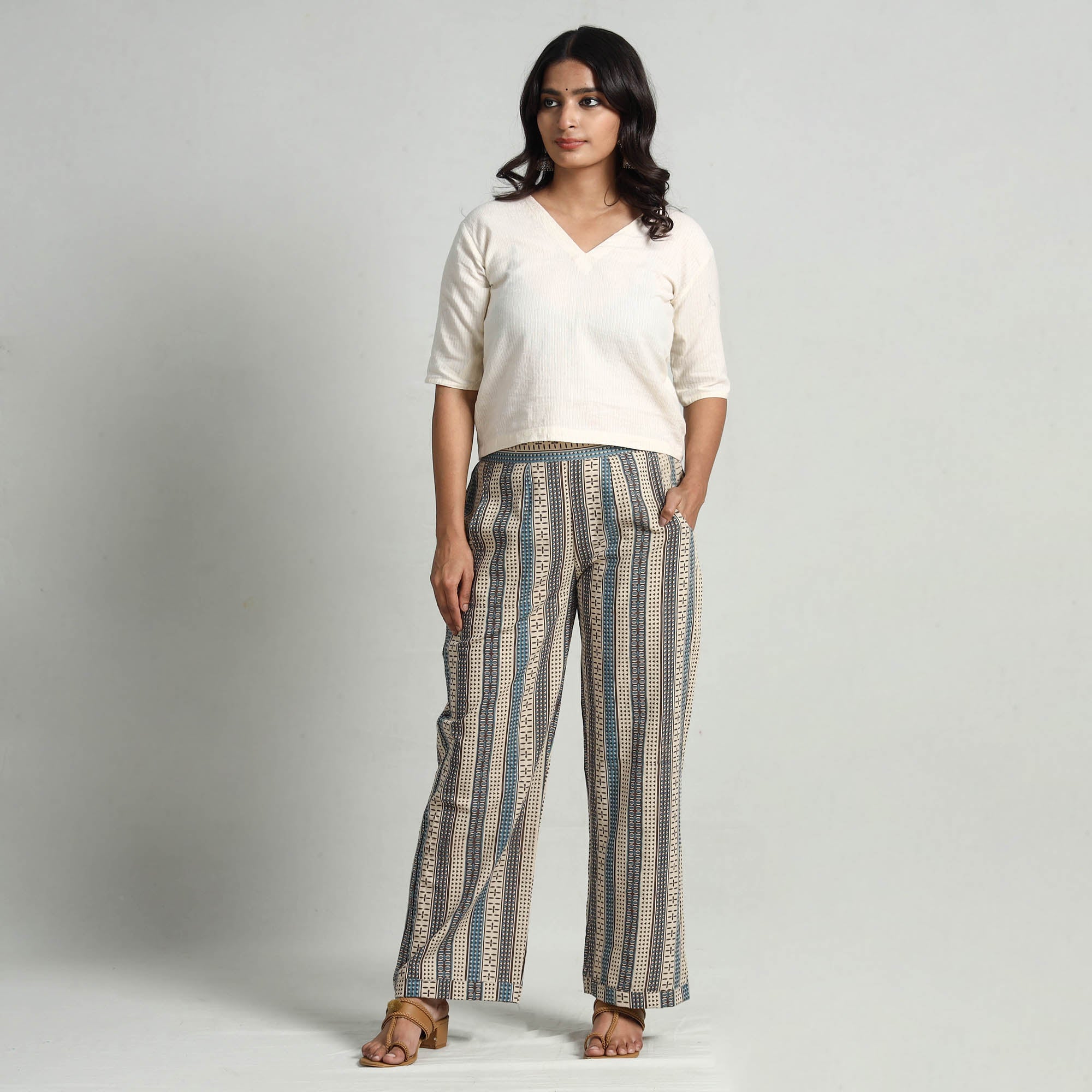 ITOKRI CASUALS Beige - Kalamkari Printed Cotton Elasticated Palazzo