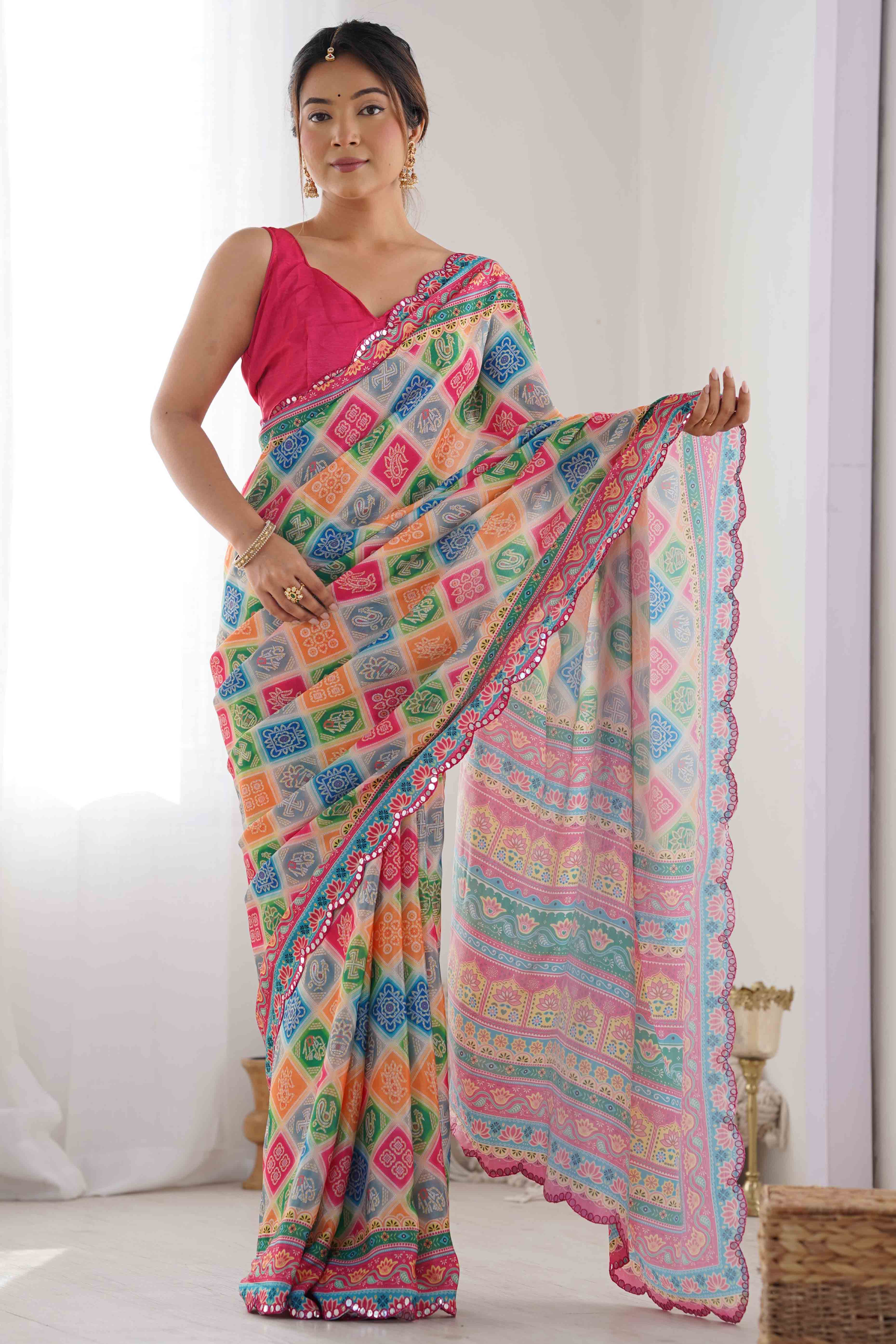 Peachmode Multicolor Bandhani Printed Chinon Saree