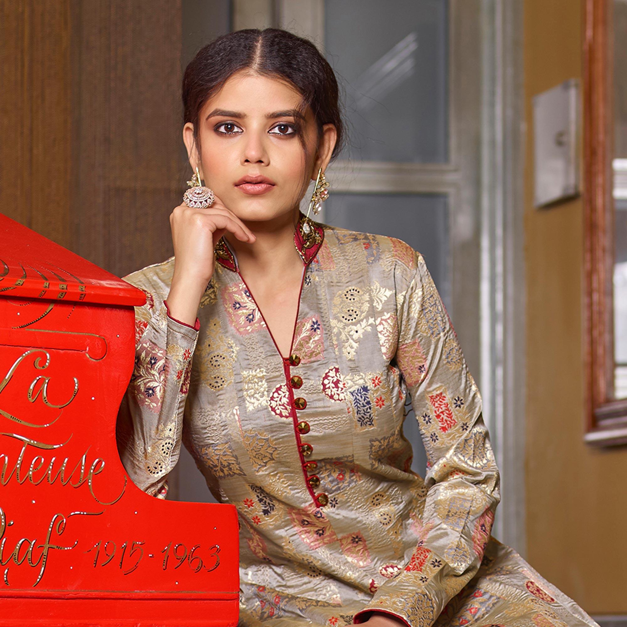 Peachmode Seller Glorious Light Brown Partywear Designer Handwork Jacquard Anarkali Suit - view 2