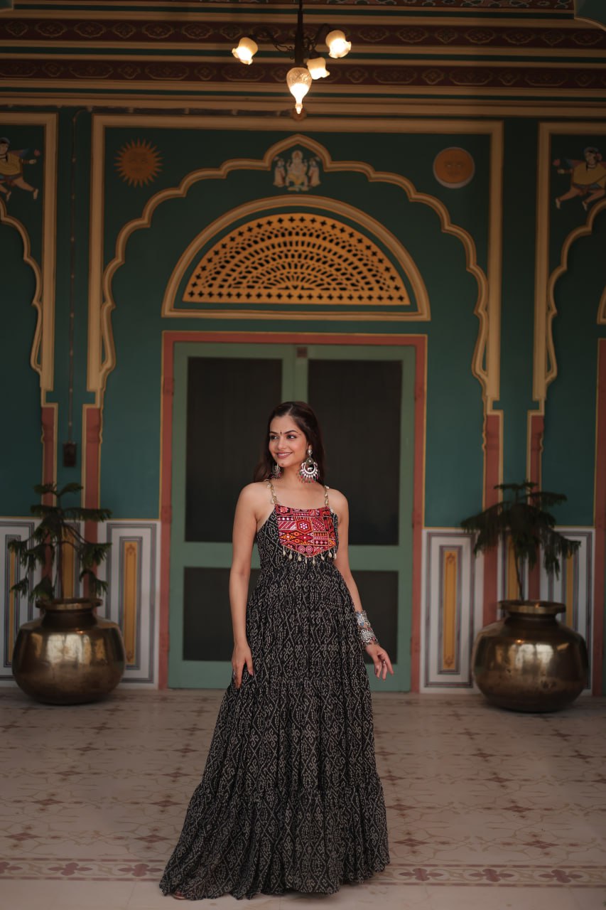 ClothsVilla Black Bandhani Print Sleeveless Gown with Kutchi Patchwork