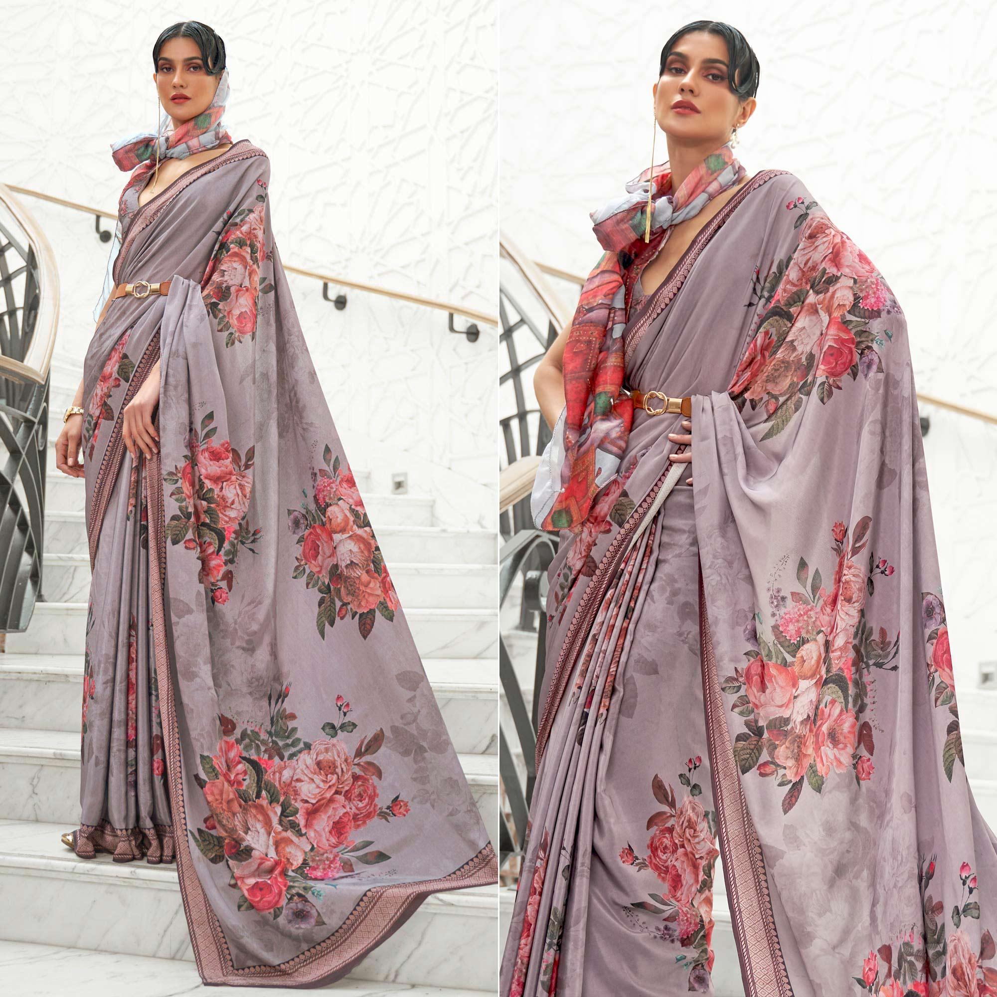 Peachmode Grey Partywear Floral Digital Printed Silk Saree