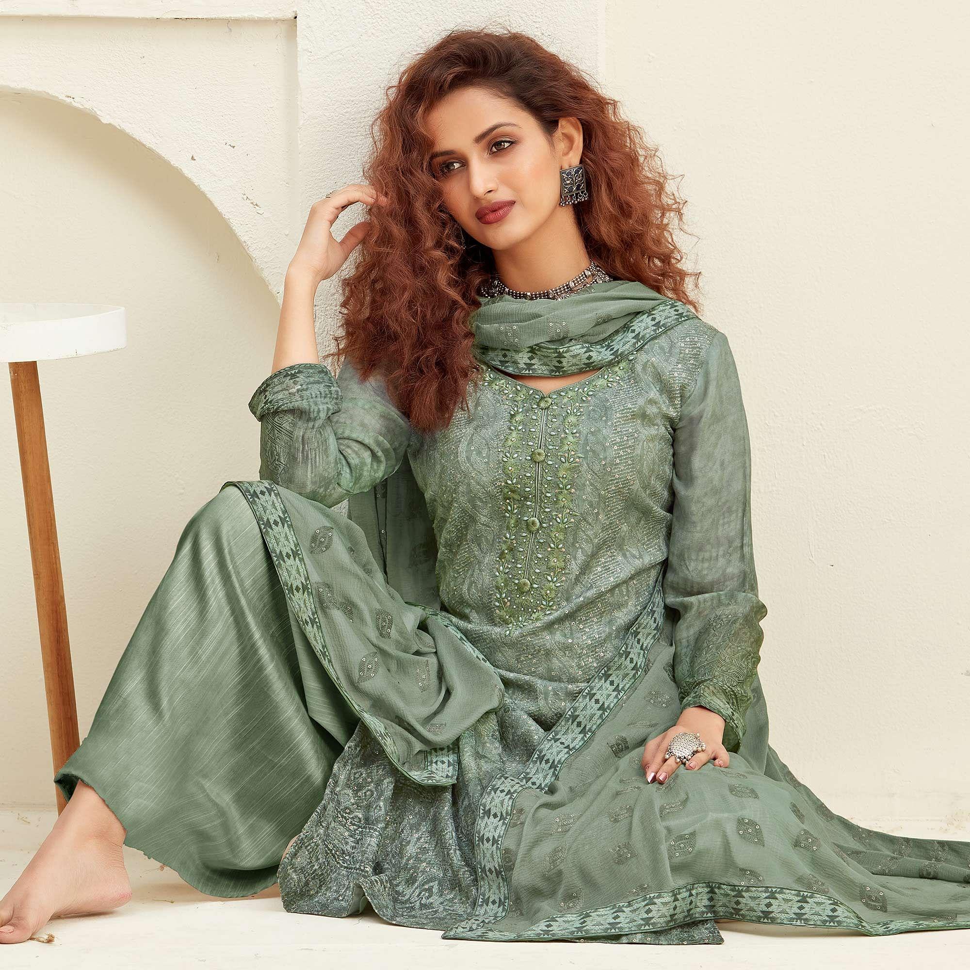 Peachmode Elegant Green Colored Embroidered With Digital Printed Partywear Pure Viscose Chinnon Chiffon Palazzo Suit - view 3