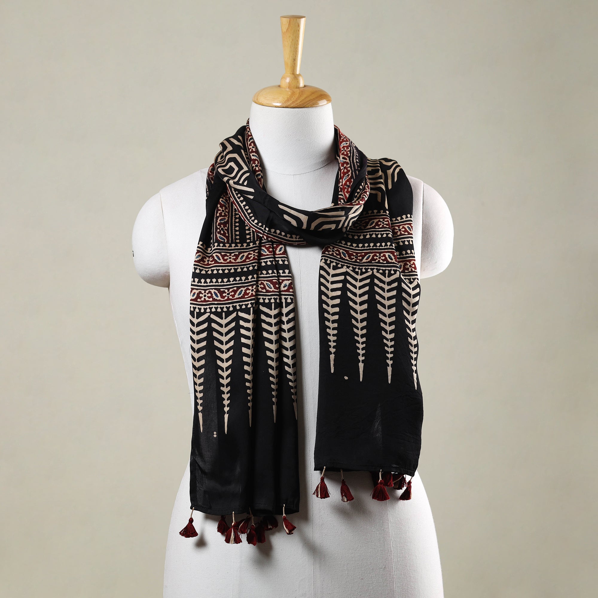 RIYAZ ABDULMAJID KHATRI - AJRAKH Black - Ajrakh Hand Block Printed Modal Silk Stole with Tassels