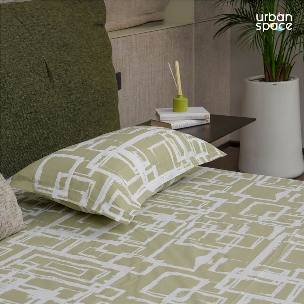 Urban Space -Home Furnishing Store Serene Collection - Breathable 200 TC 100% Pure Cotton Single Bedsheet with Pillow Cover, Checkers - Green - view 2