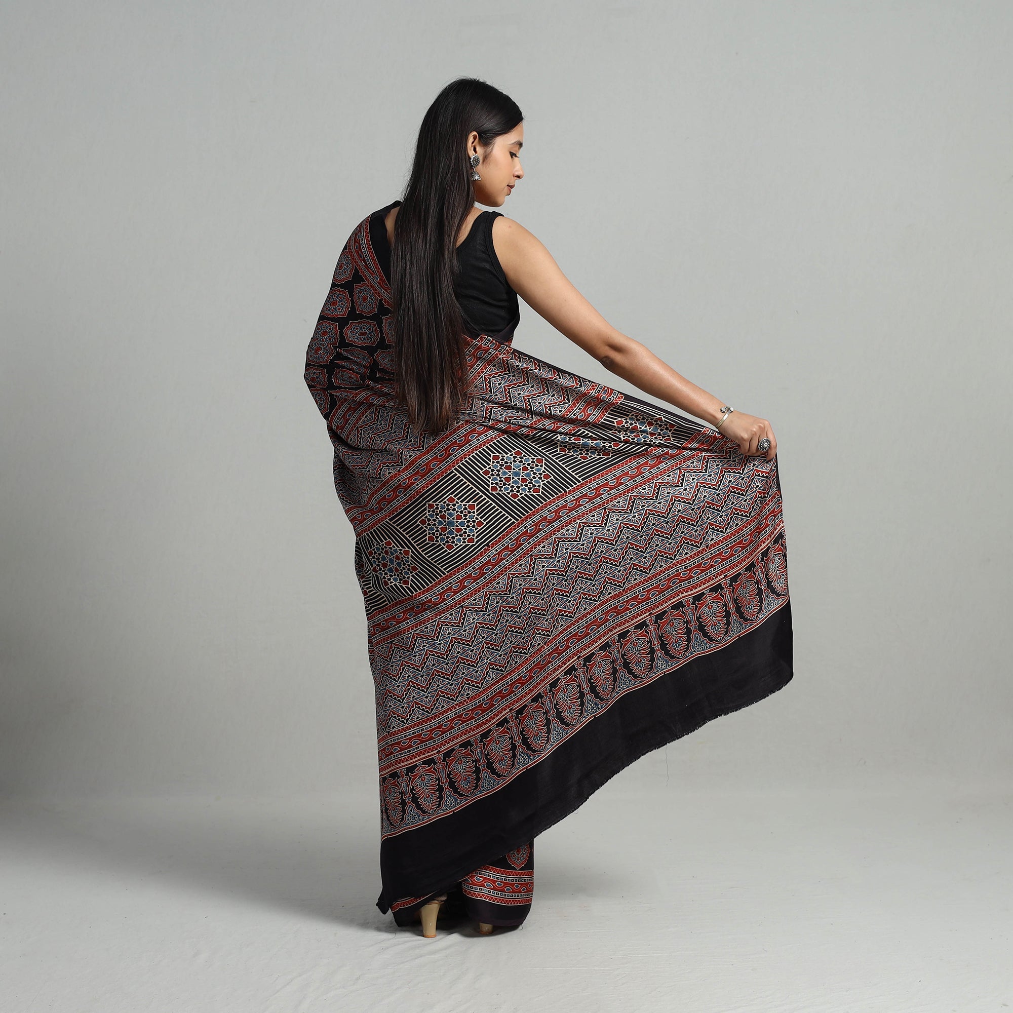 KACHCHH JI CHHAAP Black - Natural Dyed Hand Block Print Modal Silk Ajrakh Saree 16 - view 3