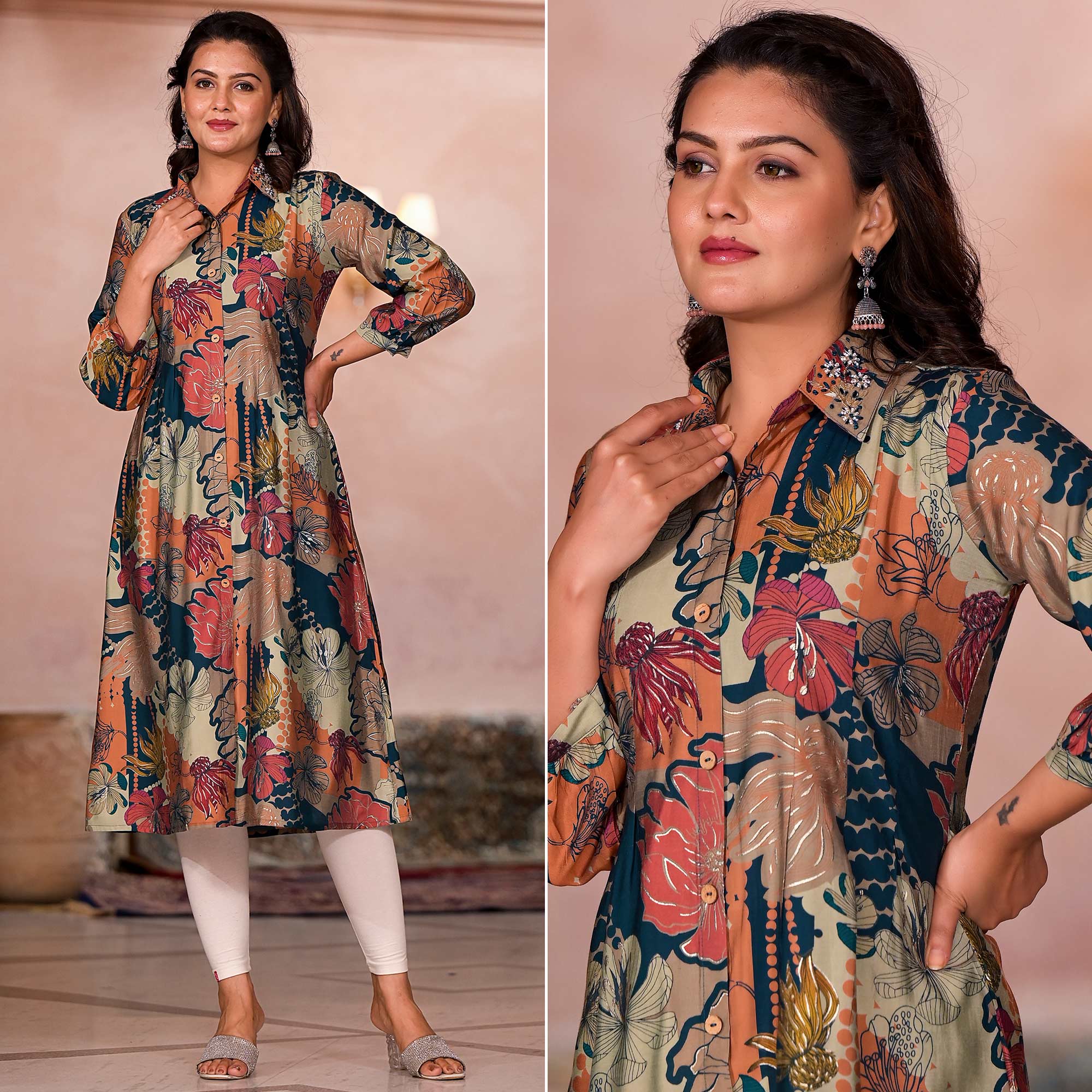 Green dresses – BlackTree green-floral-printed-chanderi-silk-a-line-dress