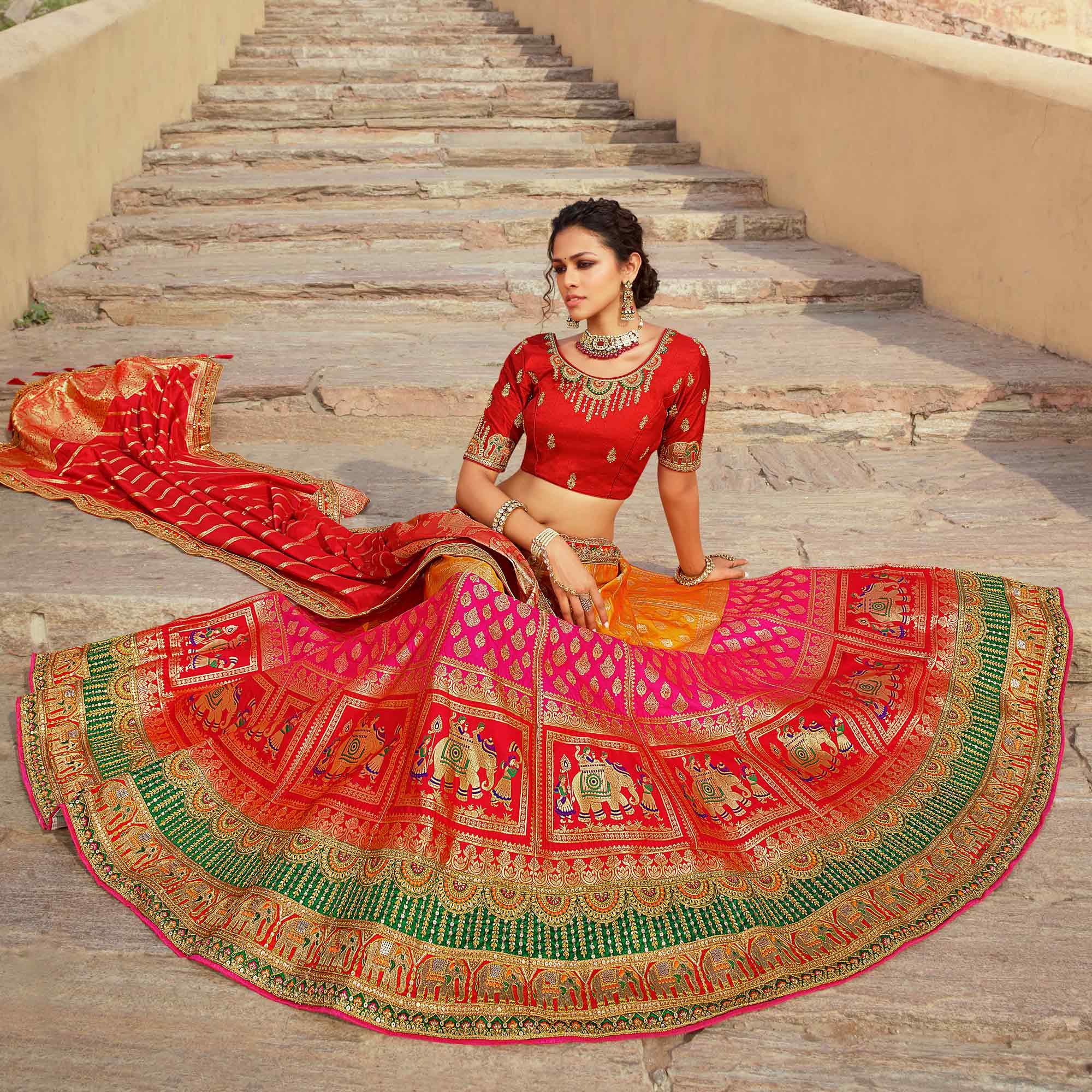 Peachmode Multicolor Festive Wear Woven Heavy Banarasi Silk Lehenga Choli