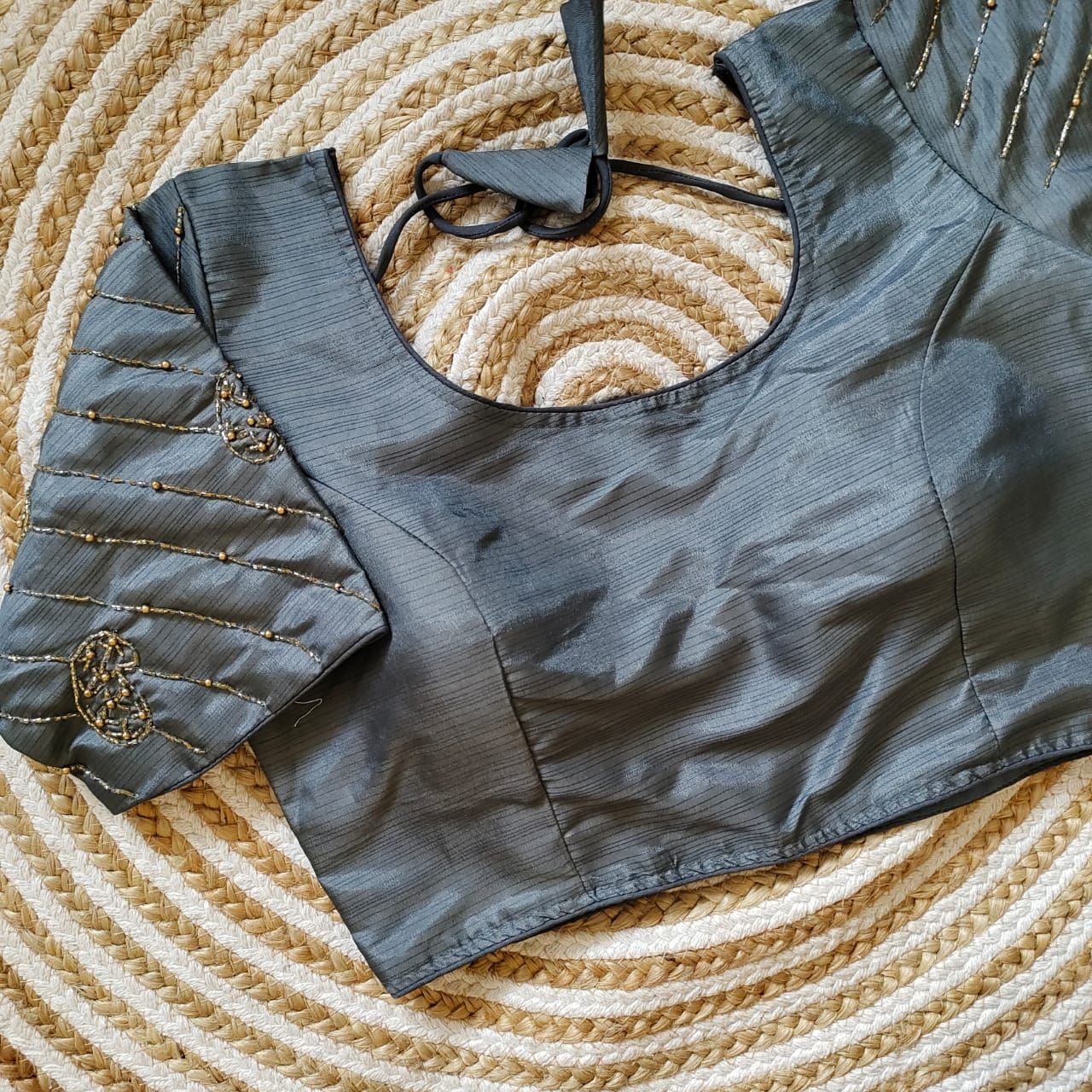 ClothsVilla Grey Pure Silk Blouse with Handcrafted Sleeves and Back Opening - view 2