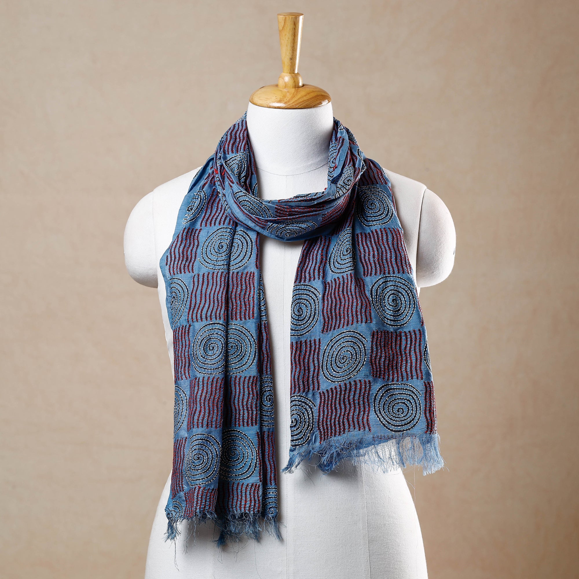 KHUSHBASH - HAPPY LOOM OF EAST Blue - Bengal Kantha Embroidery Block Printed Silk Handloom Stole