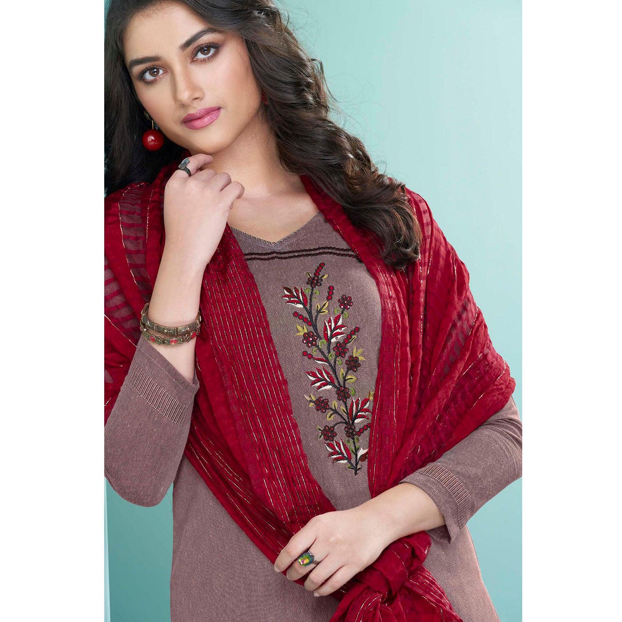 Peachmode Seller Mauve Embroidered Cotton Kurti Pant Set With Dupatta - view 2