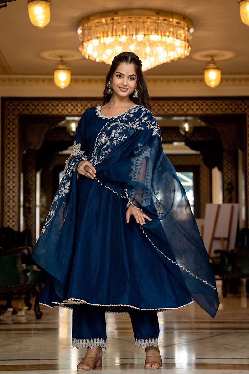 Ahika Blue Silk Blend Solid Embroidered Anarkali Kurta Palazzo With Dupatta PKSKD2397
