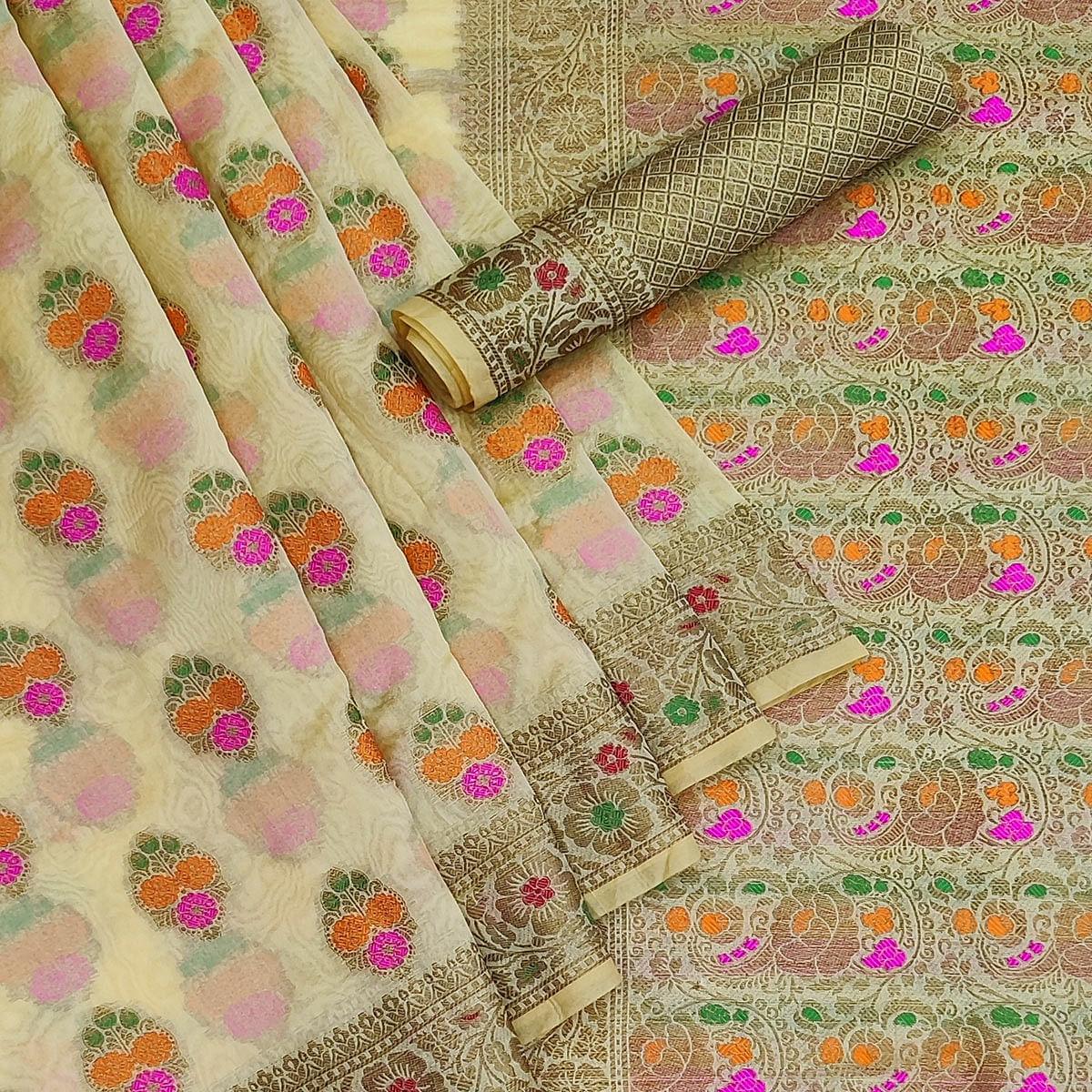 Peachmode Cream Festive Wear Woven Organza Saree - view 2