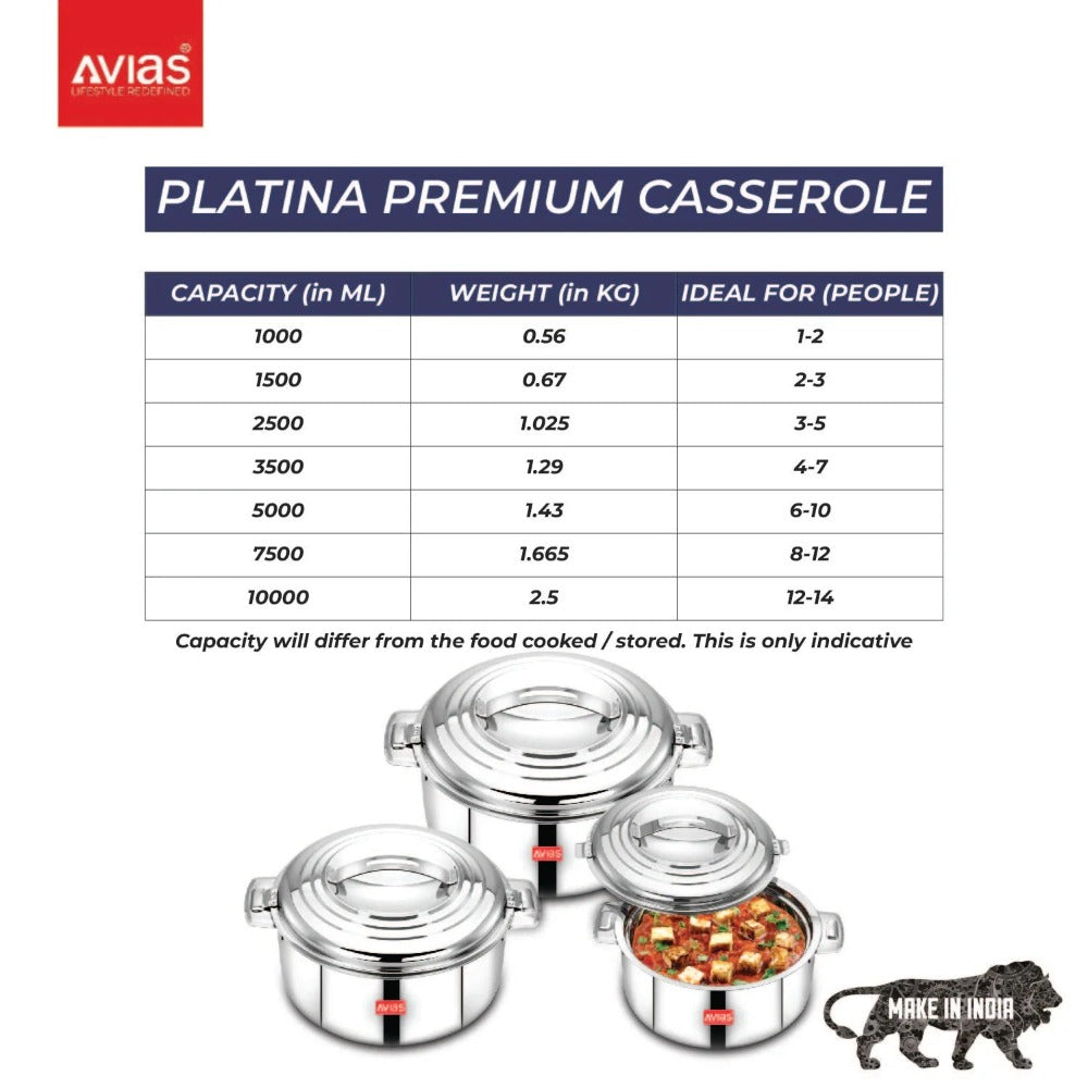 AVIAS Platina Premium Casserole Gift Set 1000 ML + 1500 ML + 2500 ML | Riveted Handles | PUF Insulated | Silver | Set of 3 Pcs - view 5