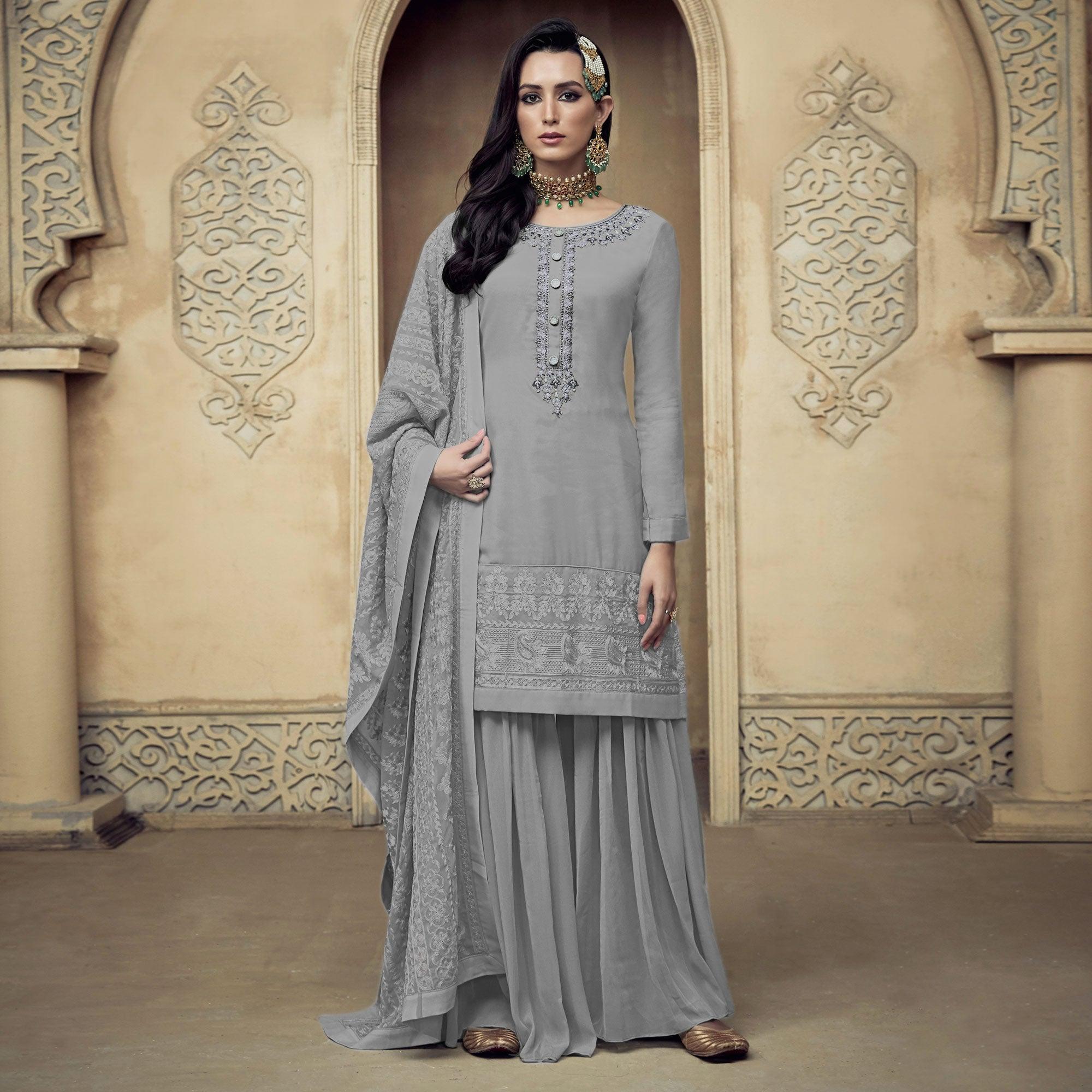 Peachmode Seller Grey Partywear Embroidered Heavy Georgette Sharara Suit