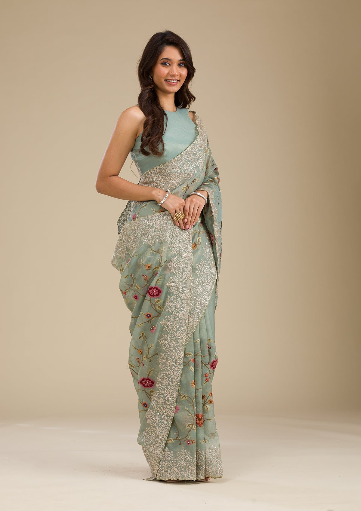 Koskii Sky Blue Zariwork Tissue Saree – Women's - view 3