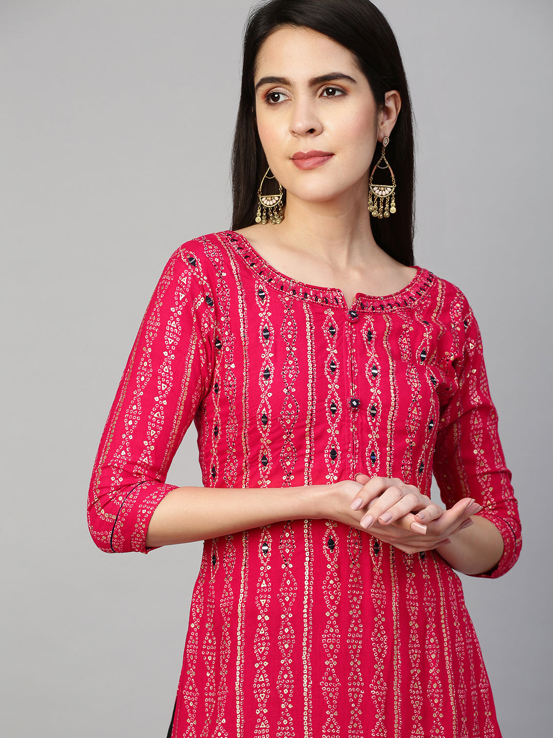 Fashor Bandhej Printed & Embroidered Kurta - Hot Pink - view 4