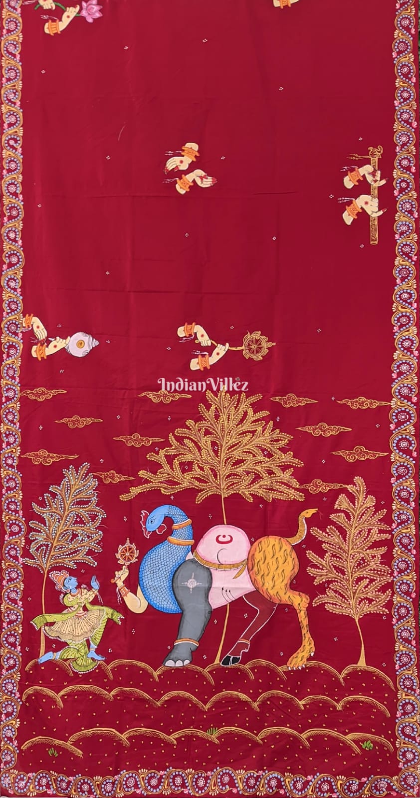 IndianVillèz Reddish Maroon Arjuna Bows to Navagunjara Hand-Painted Pattachitra Saree