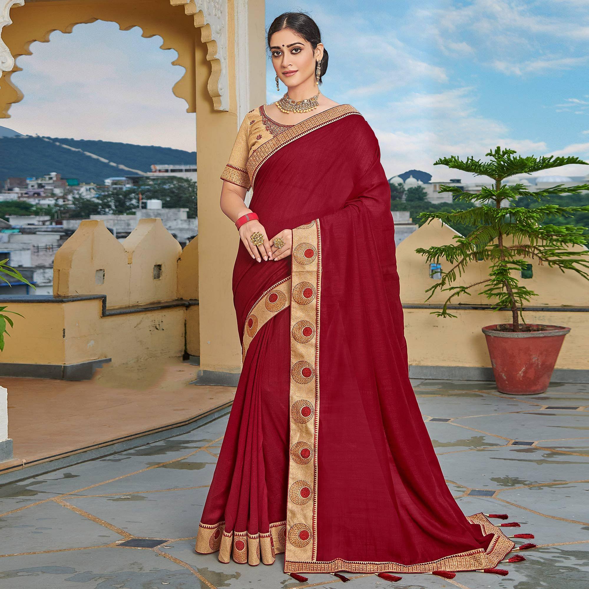 Peachmode Maroon Solid-Embroidered Border Vichitra Silk Saree With Tassels - view 3