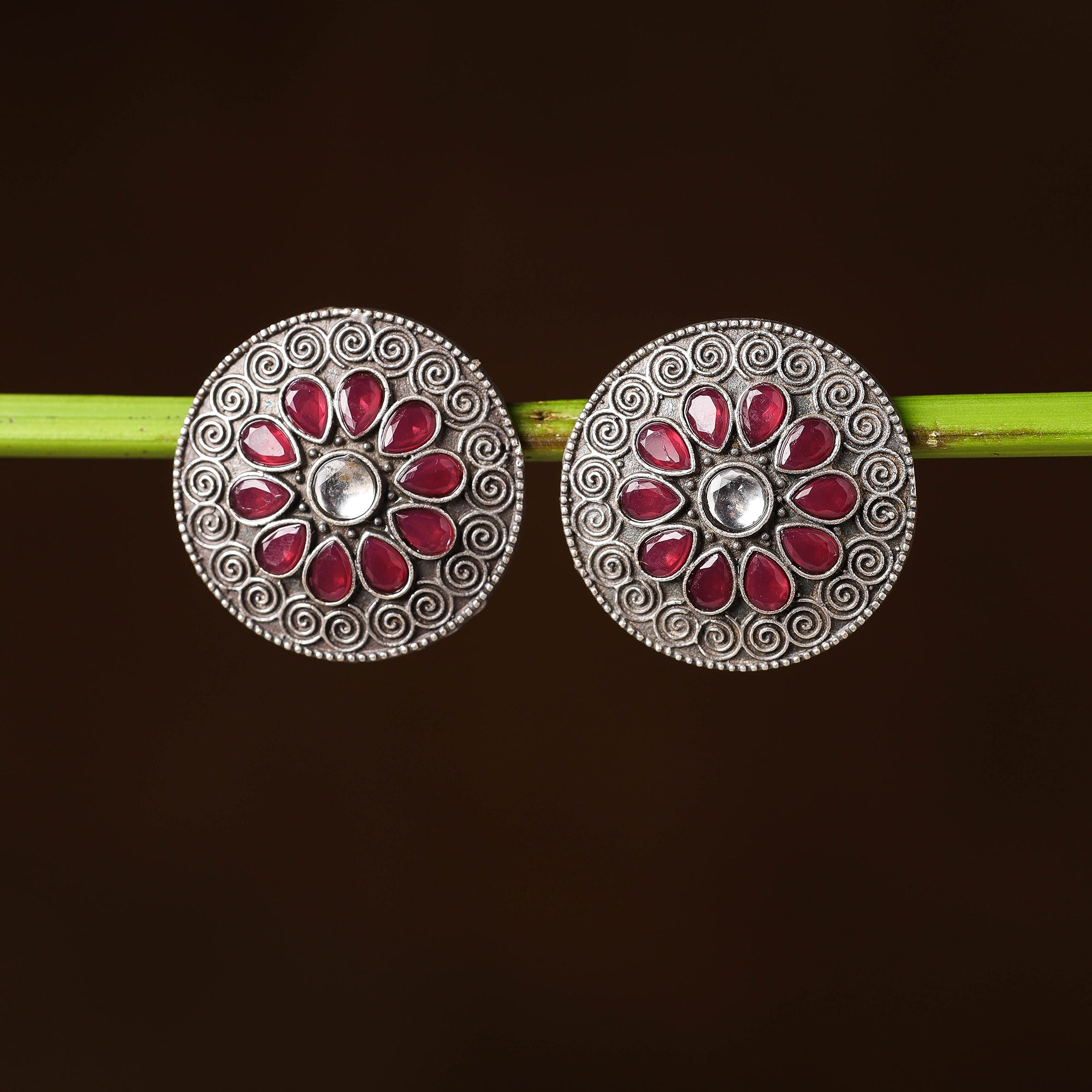 WHITE RIVER STORIES Antique Silver Finish Oxidised Brass Base Stone Work Stud Earrings