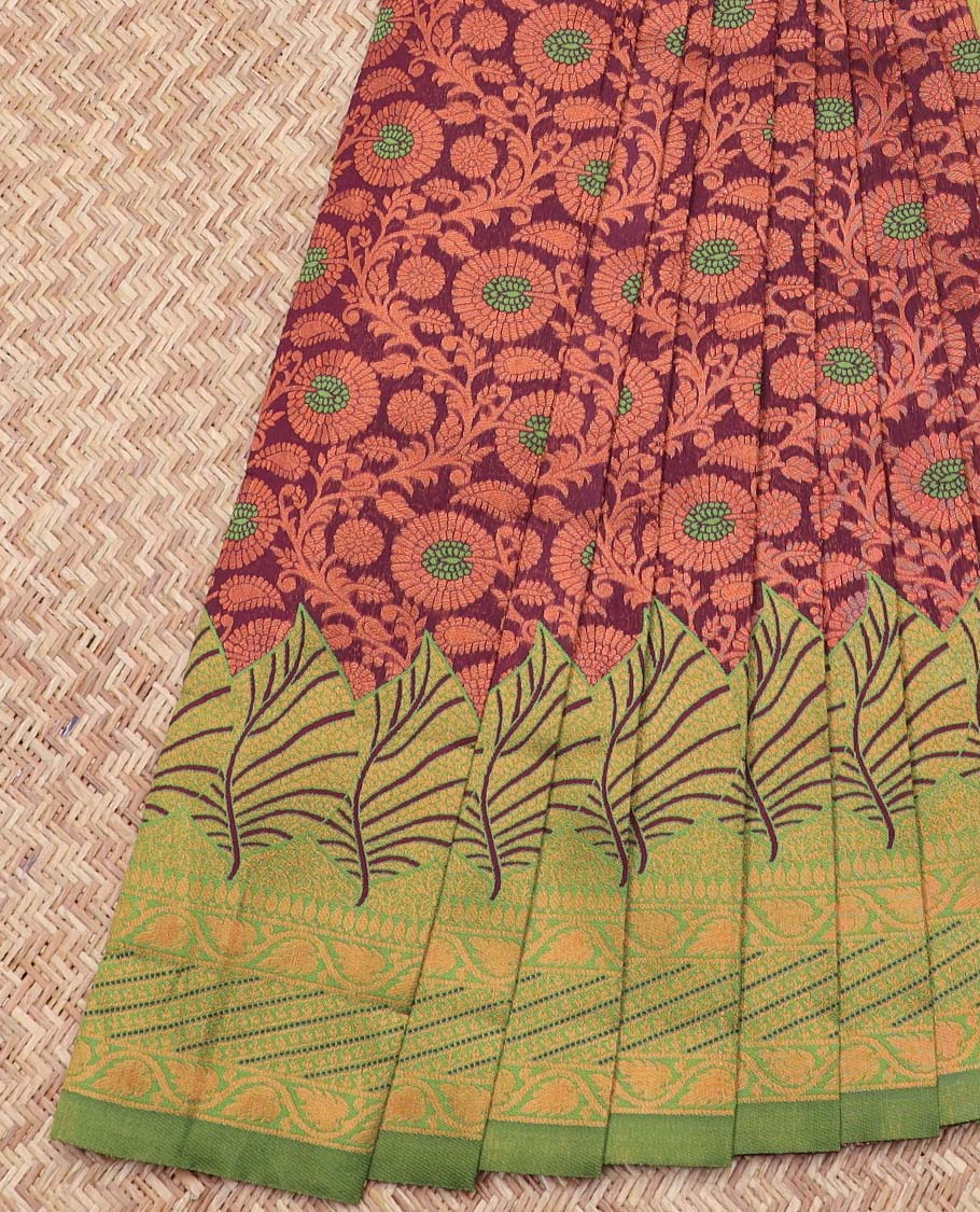TheShoppothys Maroon Semi banaras jute cotton saree features floral vine, contrast zari design border & pallu of intricate designs