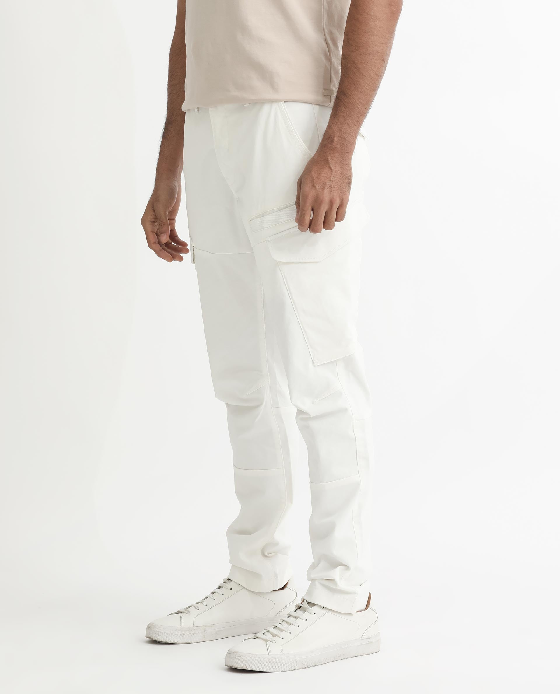 Rare Rabbit Men's Cidar White Mid-Rise Regular Fit Cargo Style Stretch Trouser