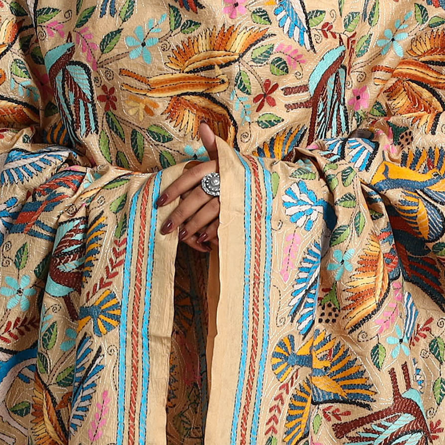 KHUSHBASH - HAPPY LOOM OF EAST Beige - Bengal Handloom Silk Kantha Embroidery Dupatta 09 - view 4