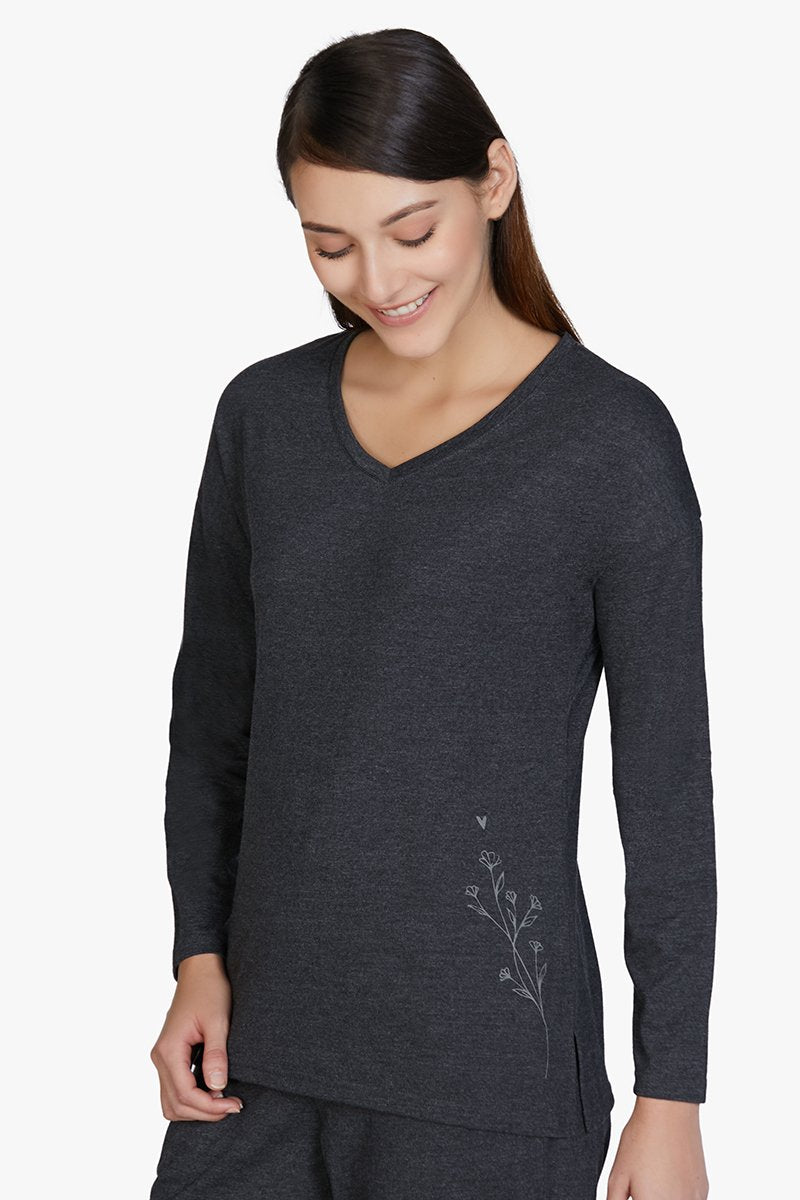 Amante Cotton Blend Long Sleeve Sleep T-shirt - Charcoal - view 2
