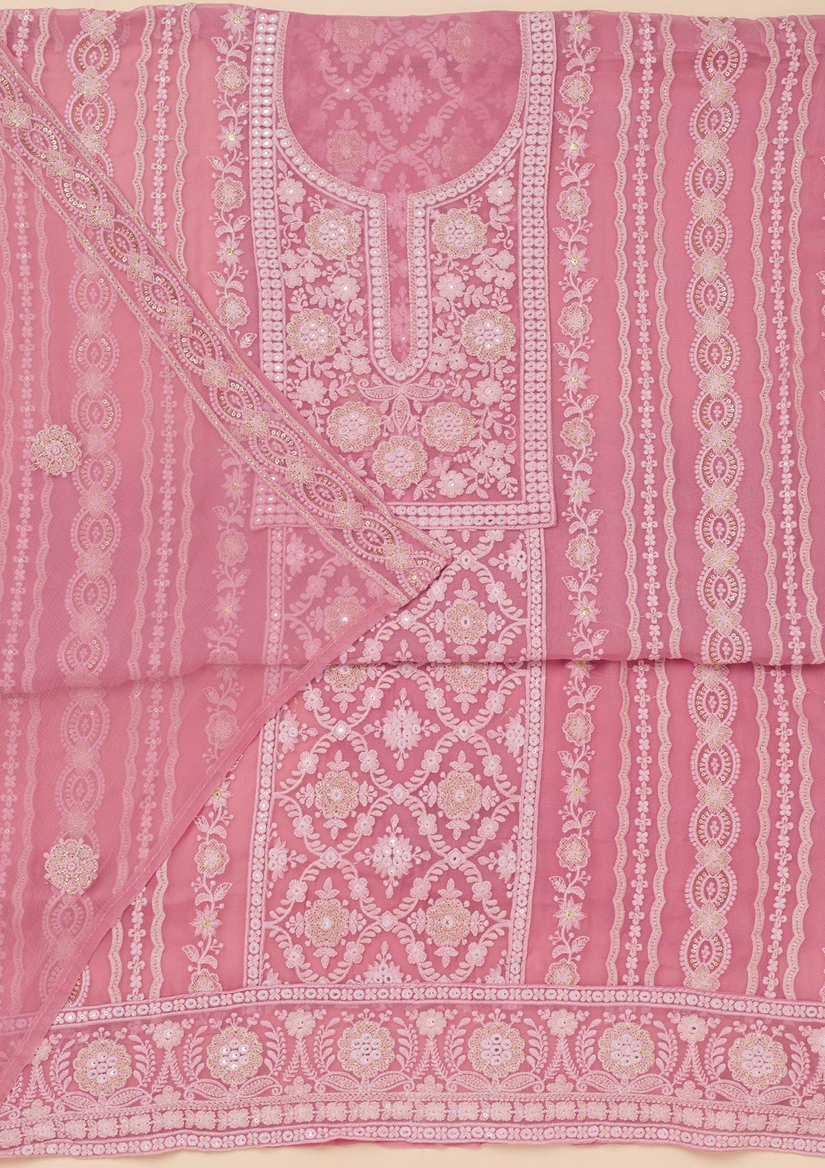 Koskii Onion Pink Chikankari Georgette Unstitched Salwar Suit - view 3