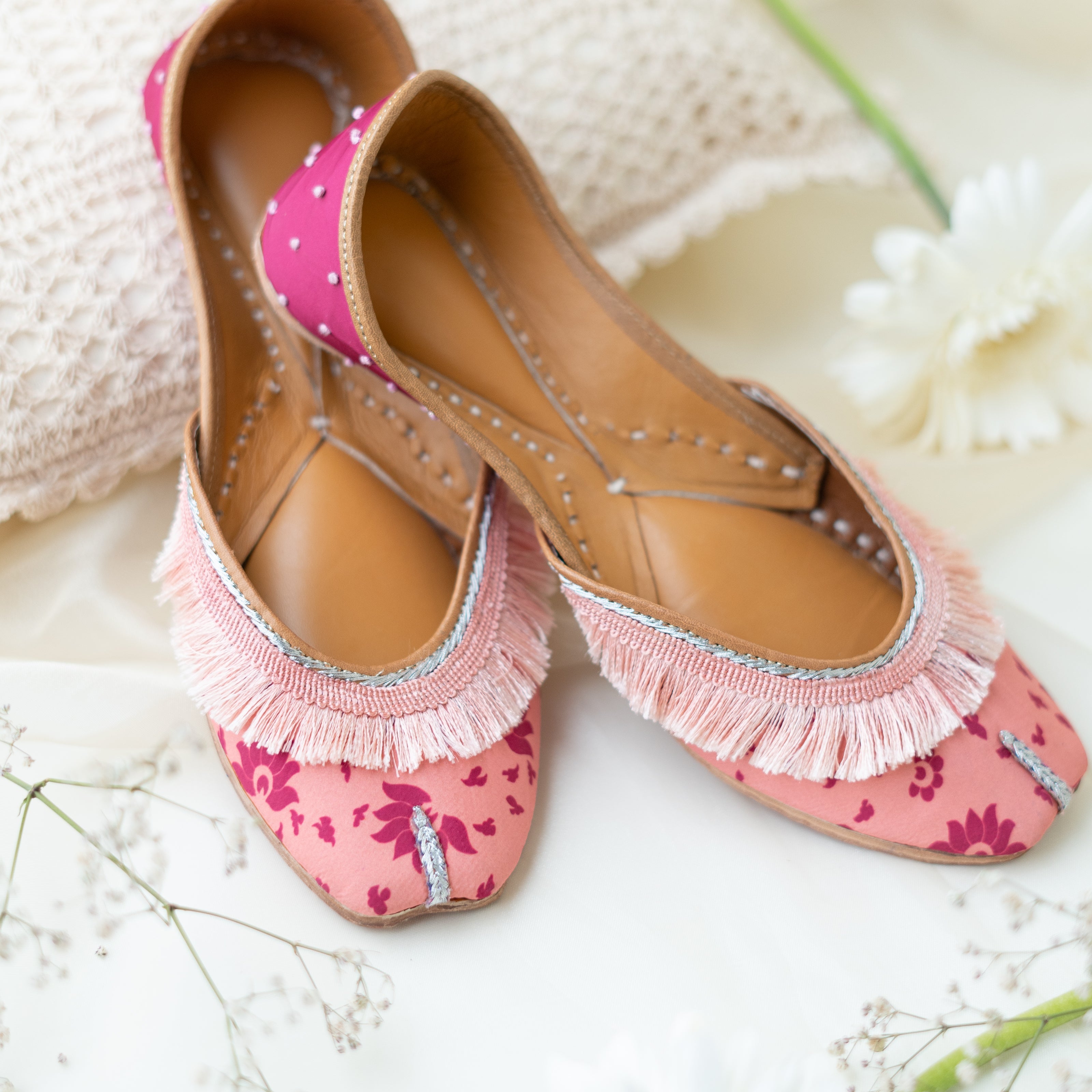 BlackTree Pink French Laced Printed Jutti - view 2