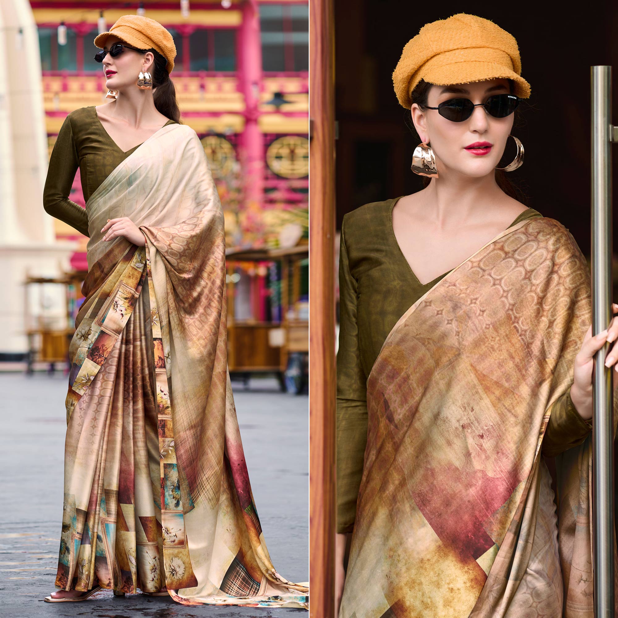 Peachmode Chikoo Digital Printed Pure Satin Saree