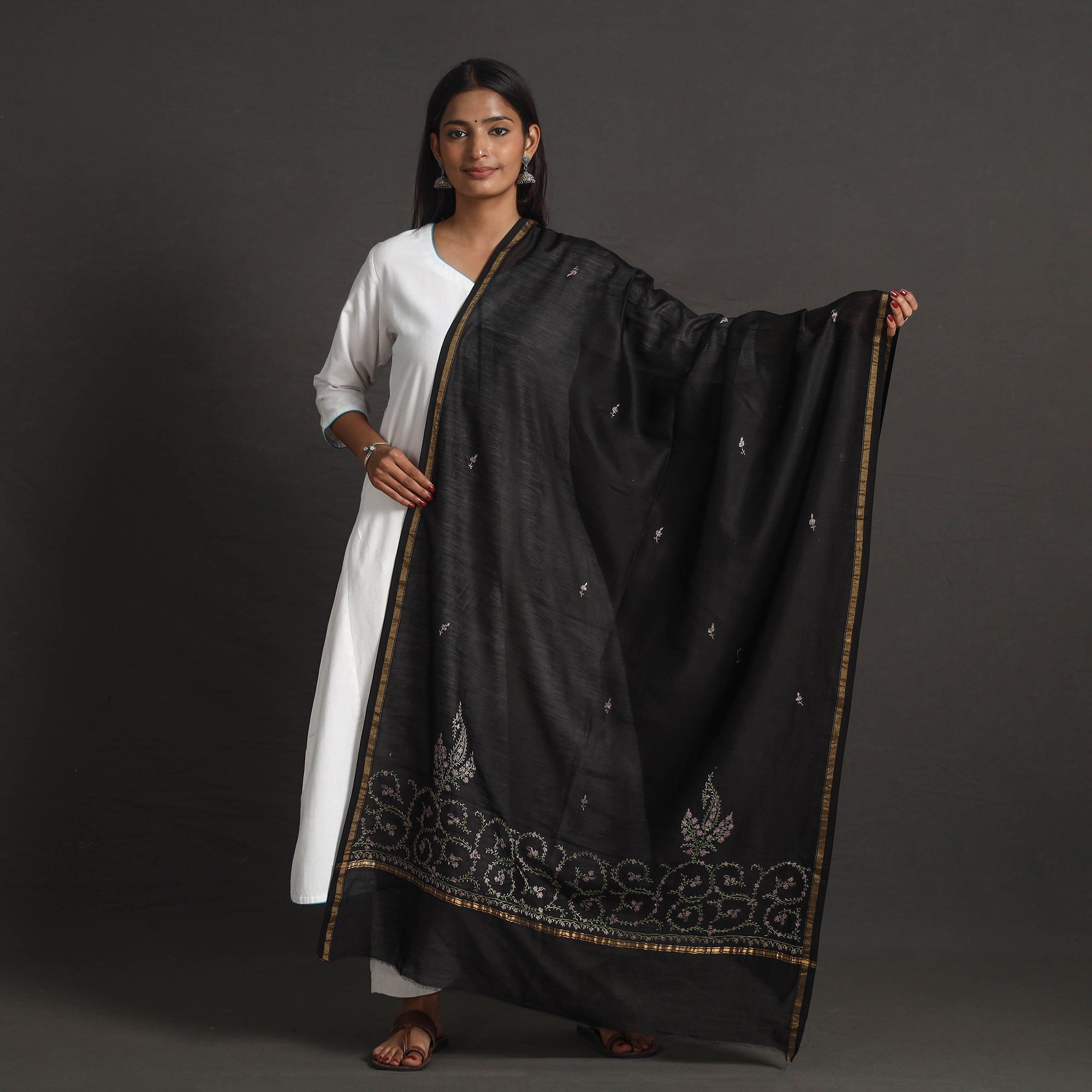 ITOKRI CRAFTS INITIATIVE Black - Handloom Chanderi Silk Kashida Embroidery Dupatta 29