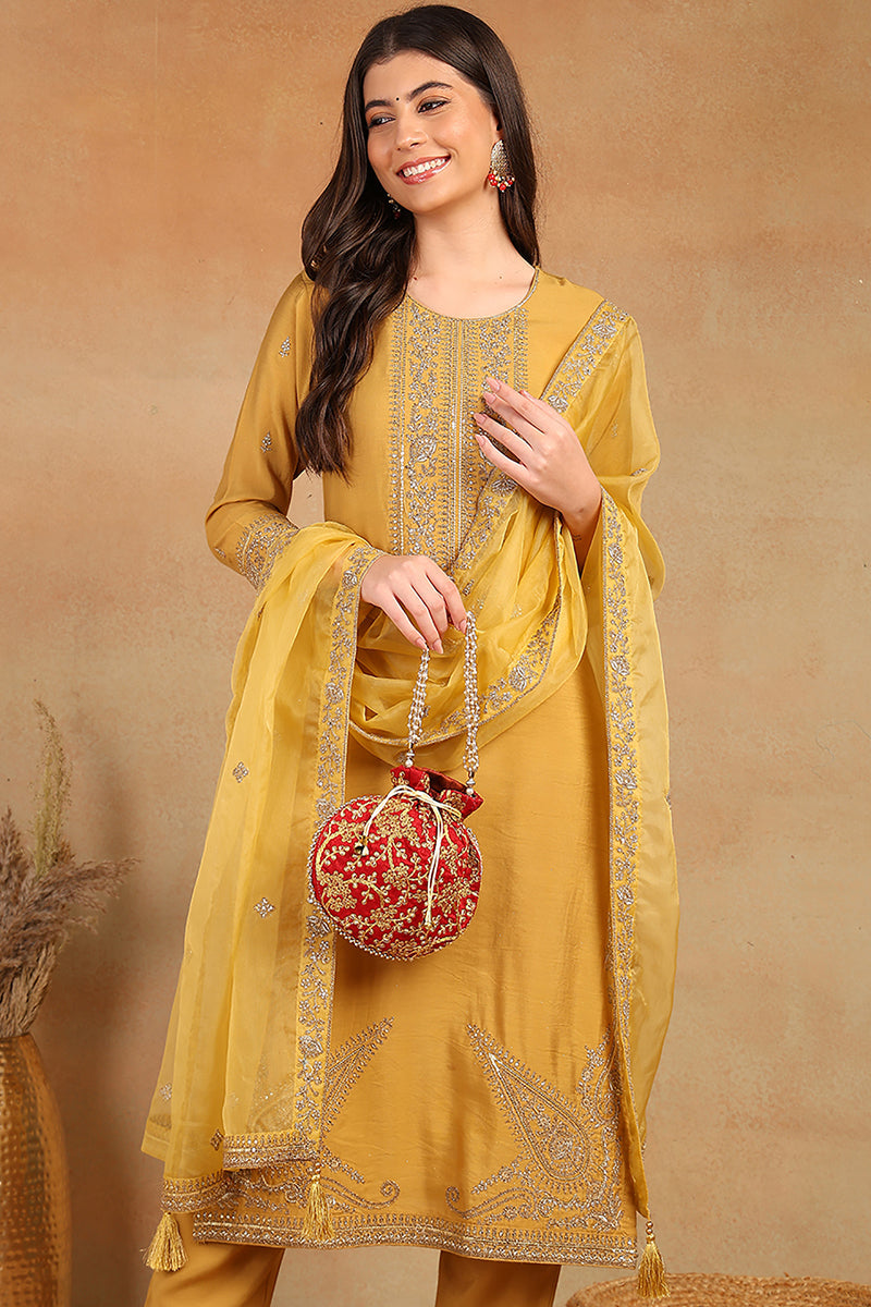 Ahika Golden Yellow Silk Blend Solid Embroidered Straight Trouser Bottom Suit Set PKSKD2520YLW