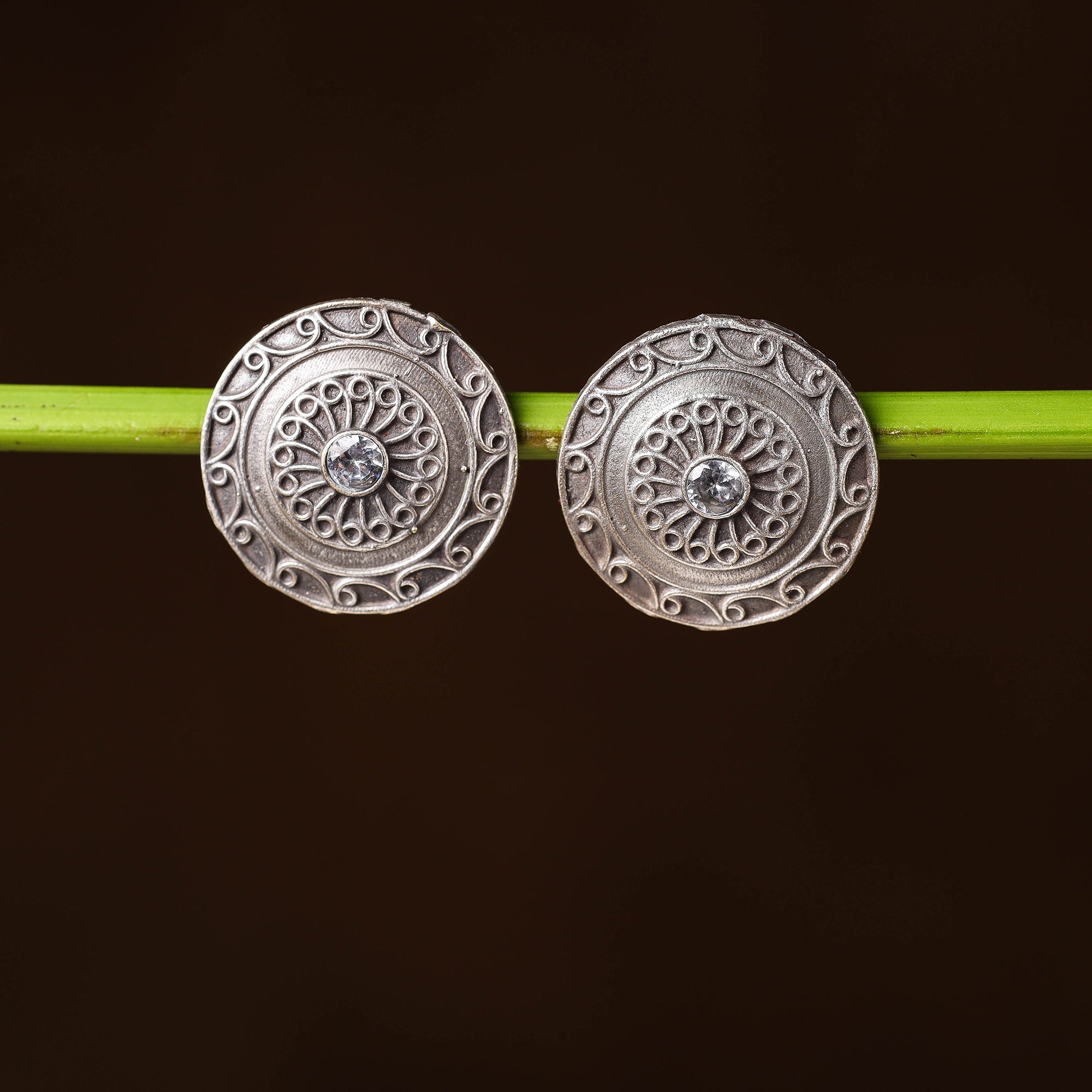 WHITE RIVER STORIES Antique Silver Finish Oxidised Brass Base Stone Work Stud Earrings