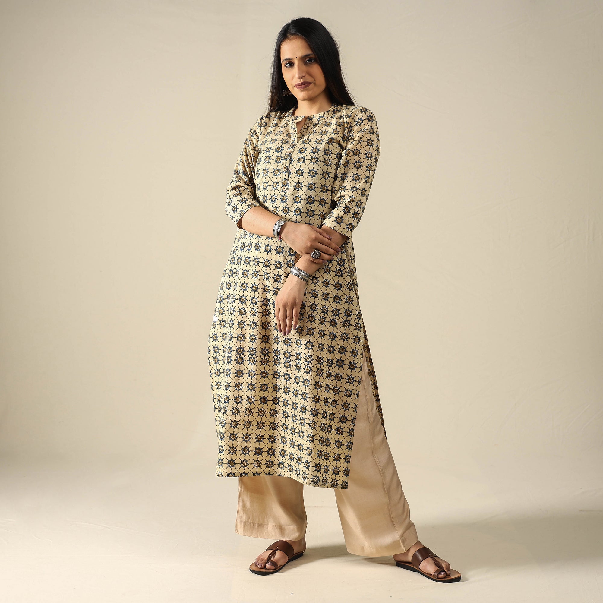 ITOKRI CASUALS Beige - Ajrakh Block Printed Cotton Long Kurta - view 2