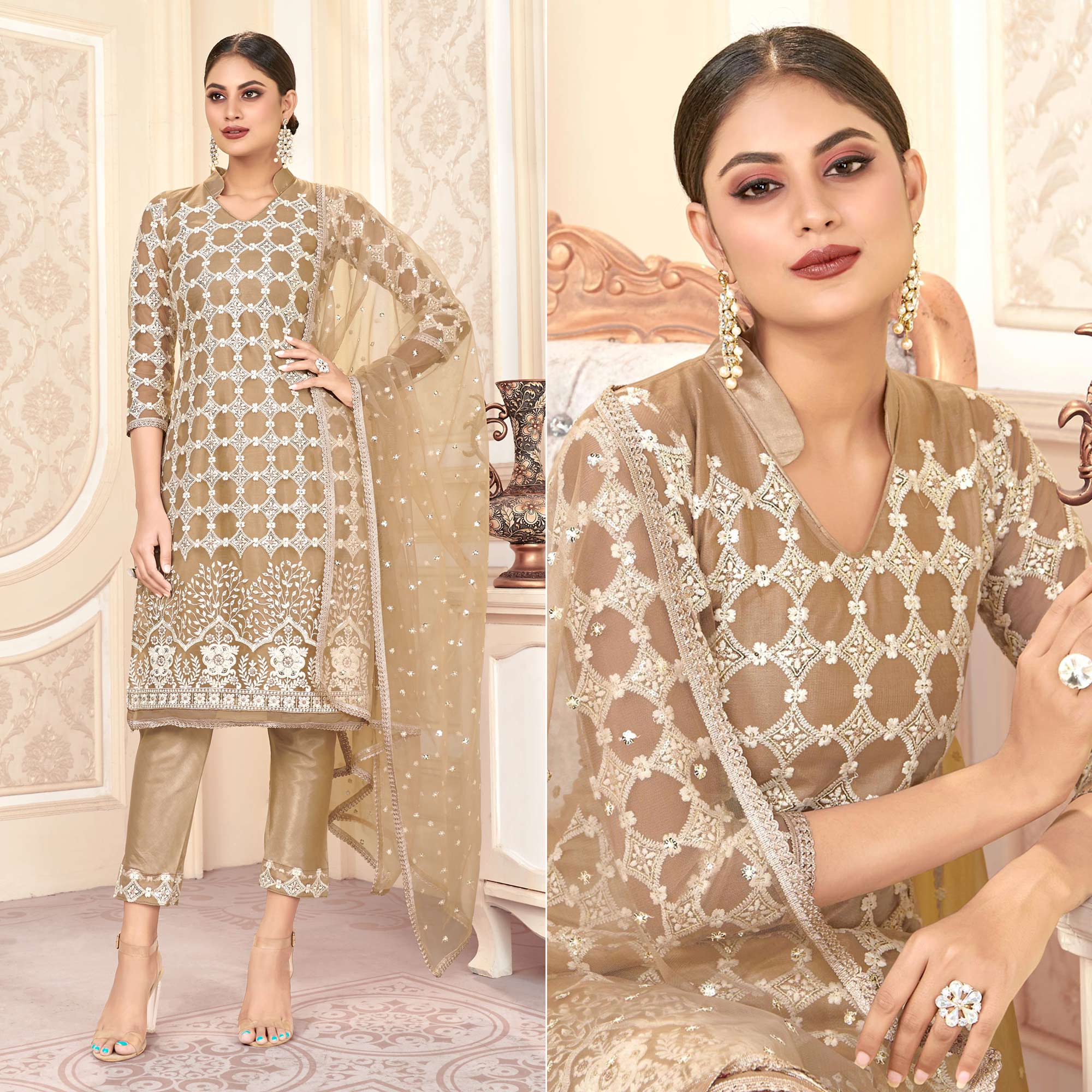 Peachmode Brown Sequins Embroidered Net Semi Stitched Suit