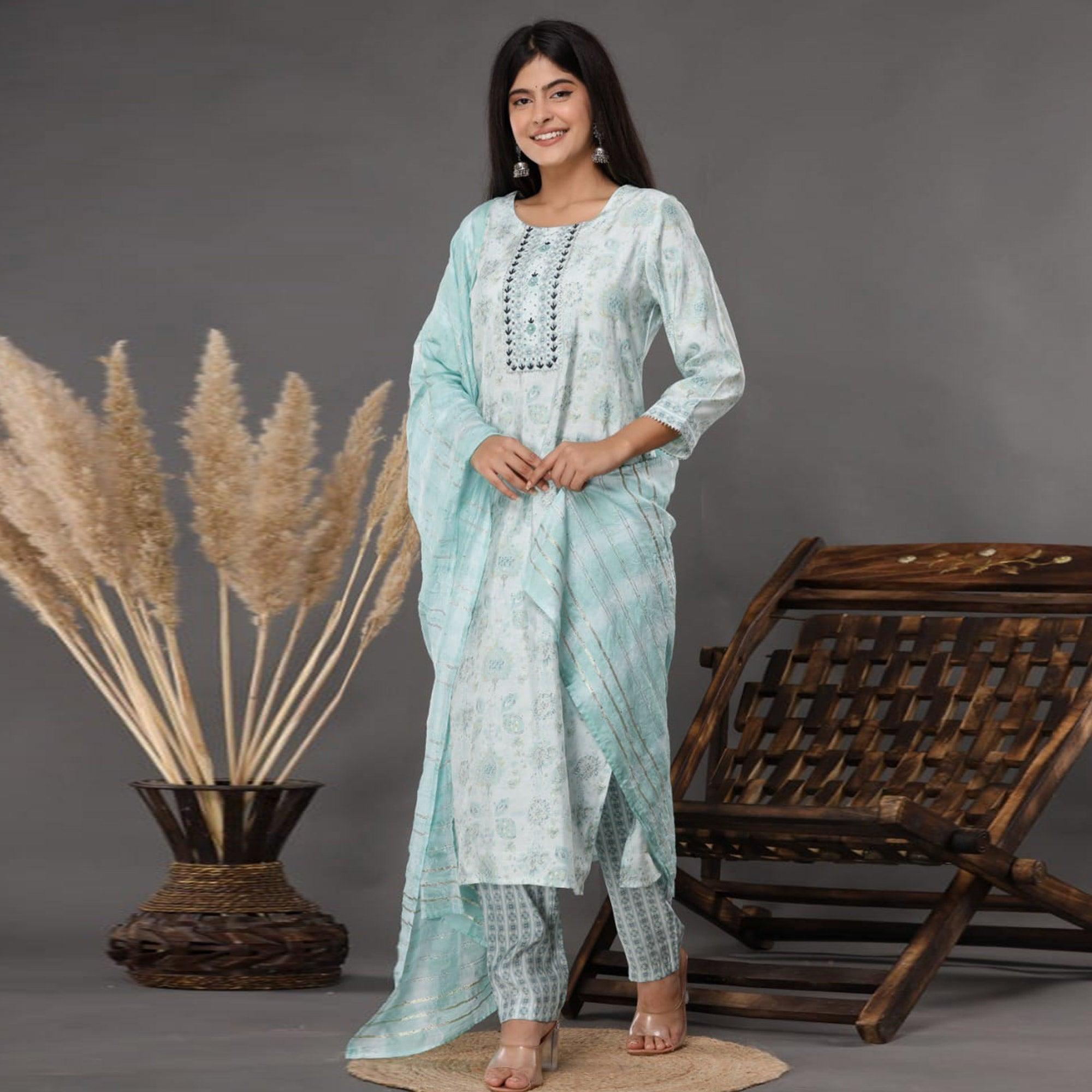 Peachmode Light Blue Printed Muslin Kurti Pant Set With Dupatta - view 2