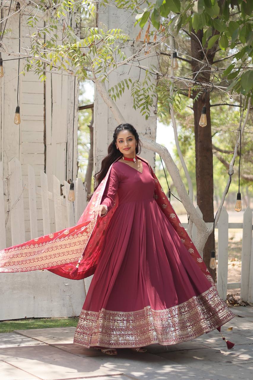 ClothsVilla Maroon Stunning Faux Georgette Gown with Rich Sequins Embroidery - view 4