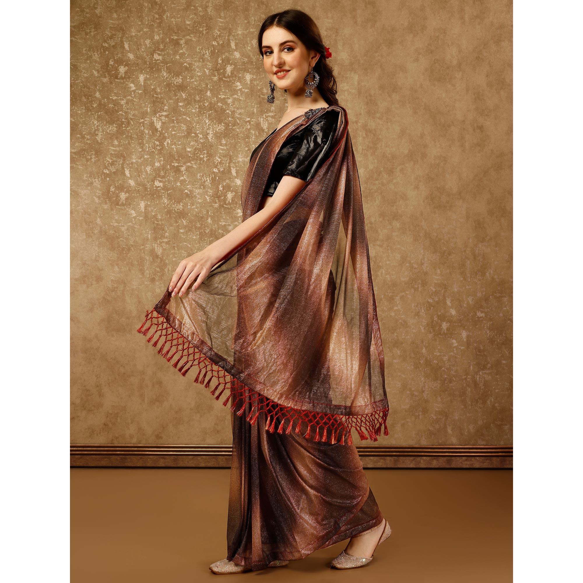 Peachmode Seller Brown Ombre Printed Lycra Ready To Wear Saree - view 5