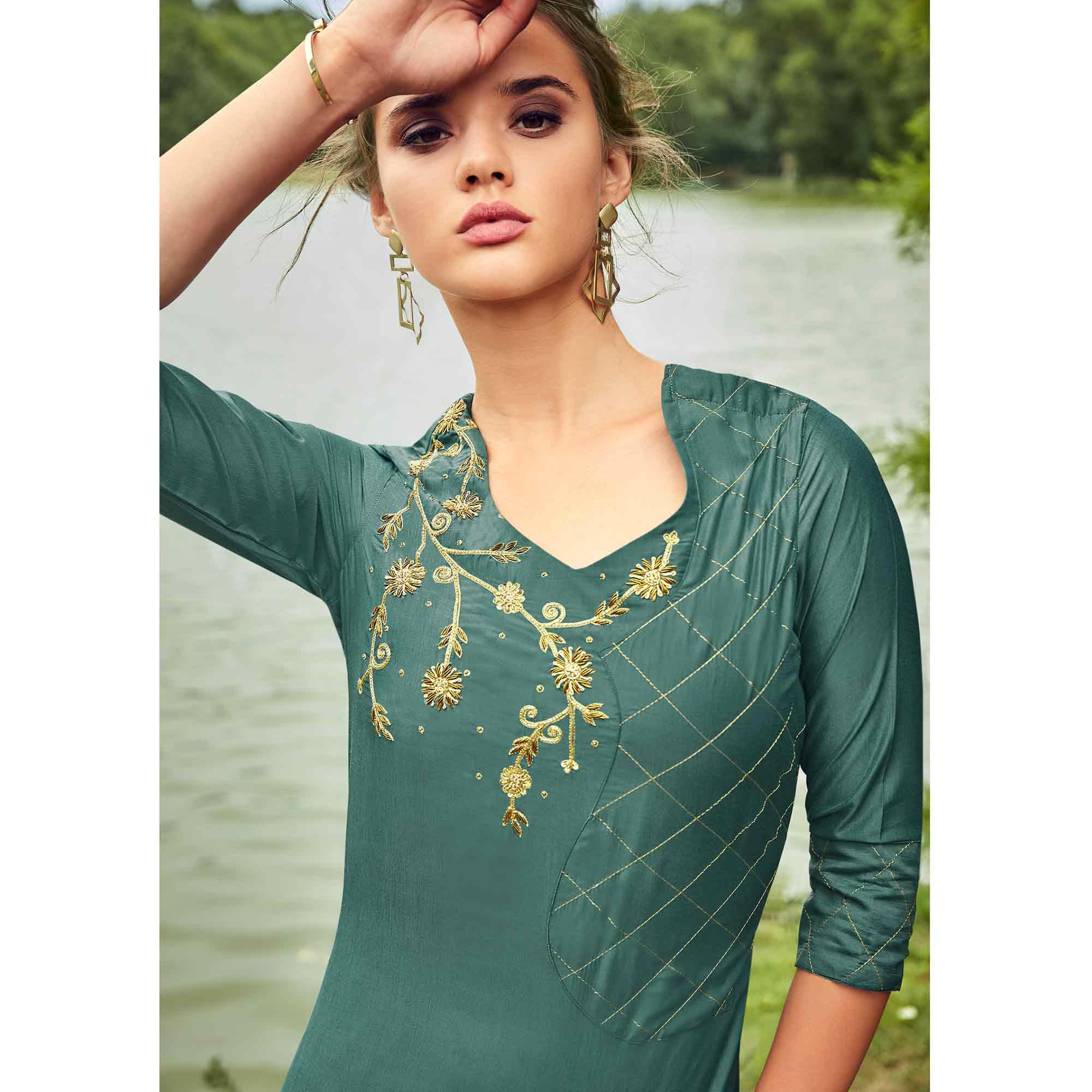 Peachmode Seller Lovely Teal Grey Colored Partywear Hand Embroidered Muslin Silk Kurti-Palazzo Set - view 3