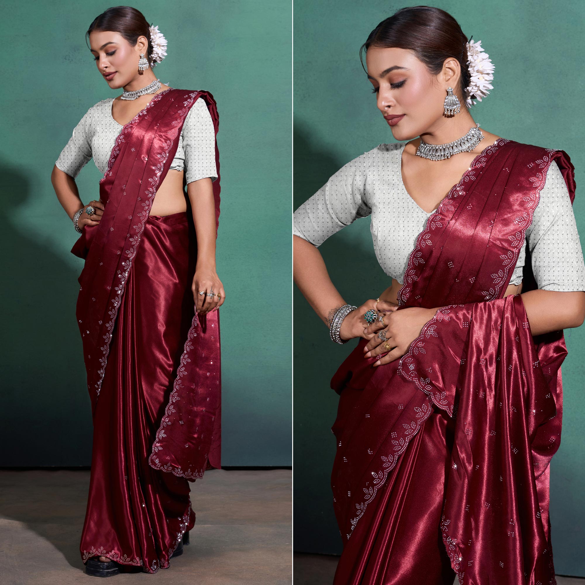Peachmode Maroon Swarovski Work Embroidered Satin Saree