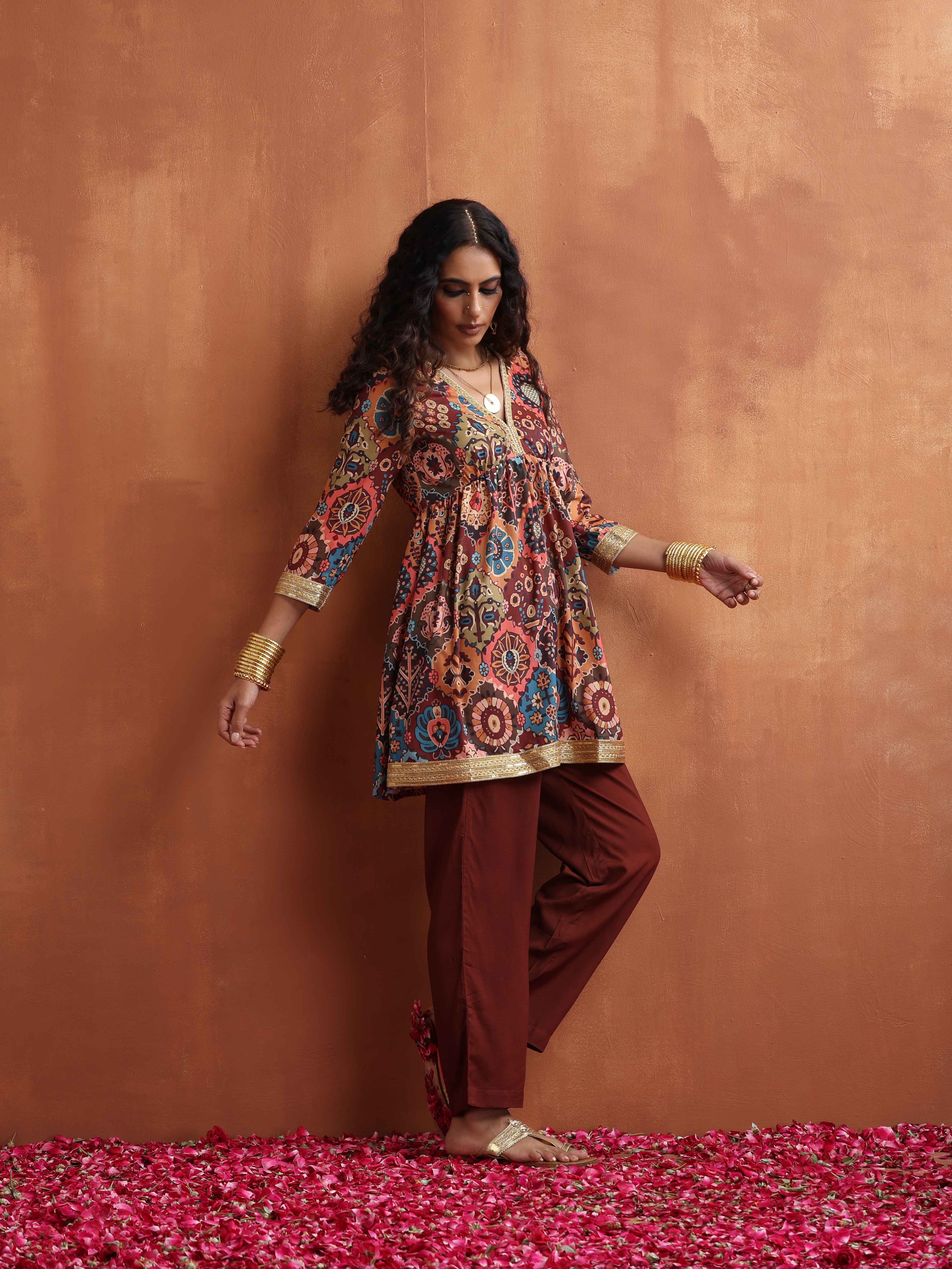 trueBrowns Brown Print Flared Co-ord Set - view 2