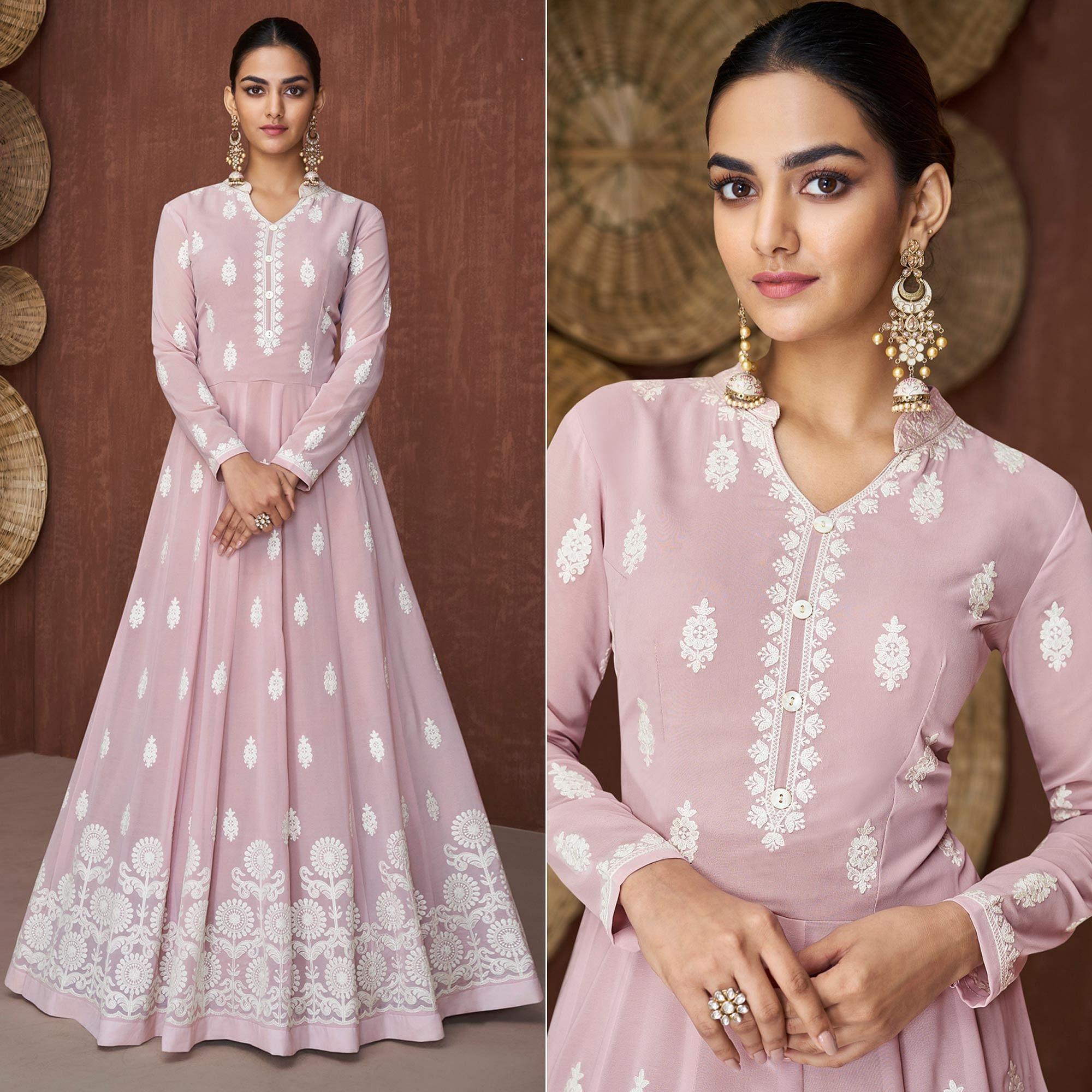 Peachmode Seller Light Mauve Lucknowi Embroidered Rayon Gown